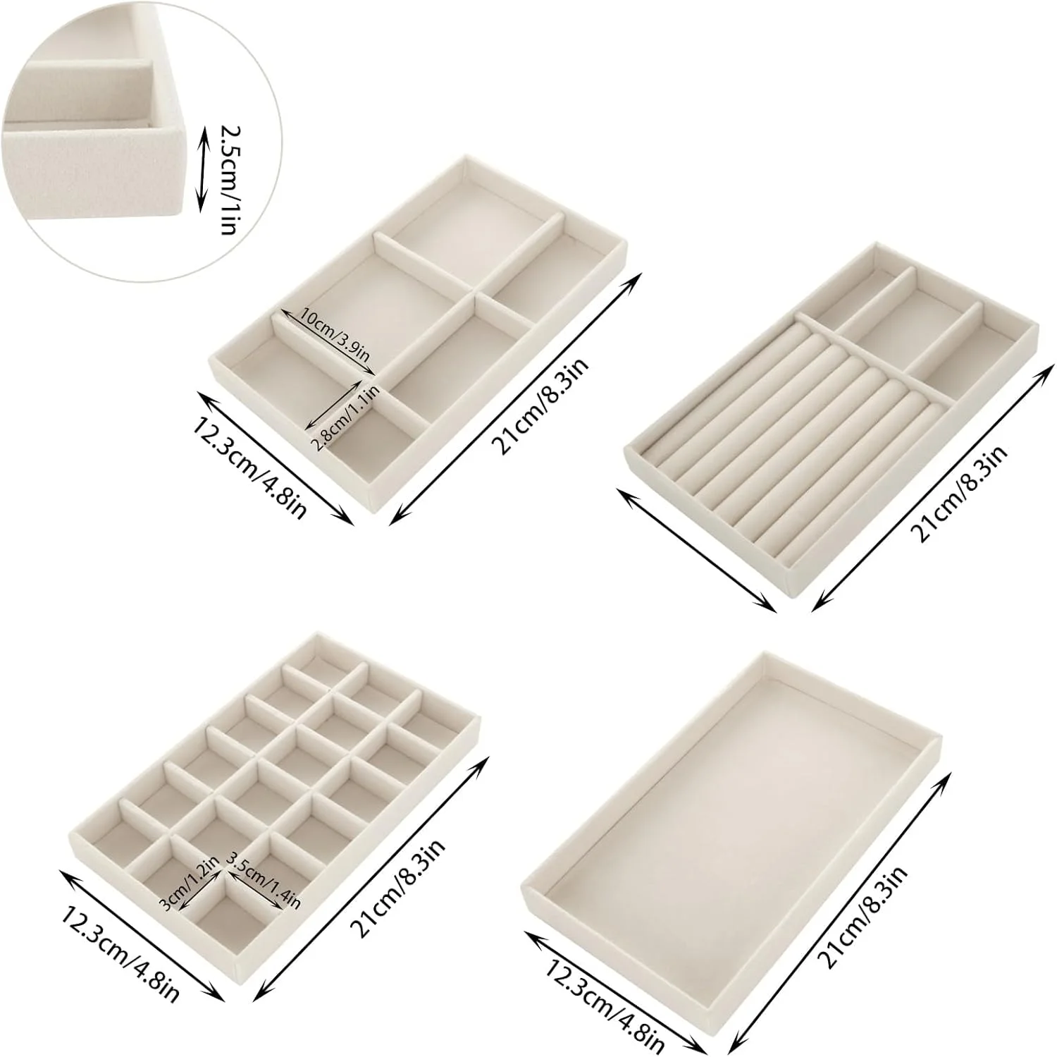 جعبه جواهرات 8 عددی TERRIFI برای کشو، جعبه نگهداری 21x12.3x2.5 سانتی‌متری بژ، مناسب برای سازماندهی گوشواره، گردنبند، دستبند، انگشتر و لوازم جانبی