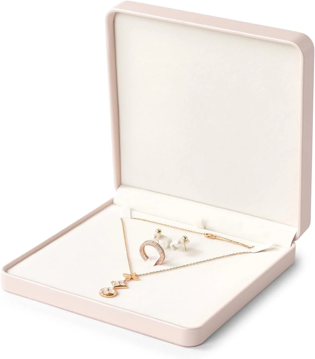 جعبه بزرگ جواهرات چرمی لوکس، جعبه هدیه بزرگ گردنبند و انگشتر و گوشواره، جعبه نگهداری جواهرات گردنبند مرواریدی/درشت (صورتی)