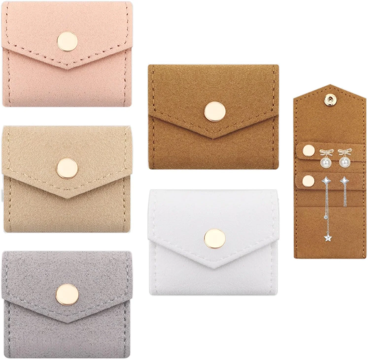 بسته 5 عددی کیف کوچک جواهرات مسافرتی - کیف های مخملی کوچک سازمان دهنده جواهرات با بست دکمه ای، رول جمع و جور قابل حمل برای انگشتر، گوشواره، گردنبند و گل میخ زنانه، نگهداری هدیه