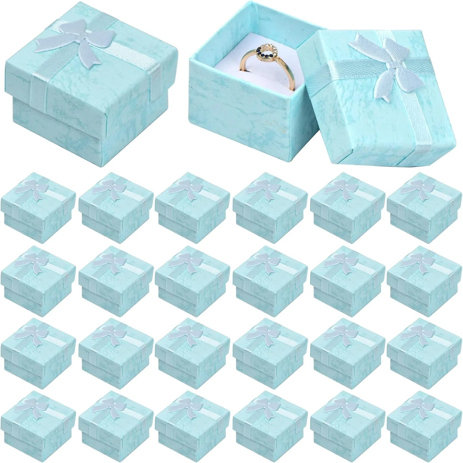 جعبه هدیه جواهرات، جعبه انگشتر کاغذی، جعبه هدیه کوچک با پاپیون، جعبه نمایش جواهرات مربعی برای بسته بندی گردنبند، گوشواره، انگشتر، 4x4x3 سانتی متر (آبی) 24 عدد