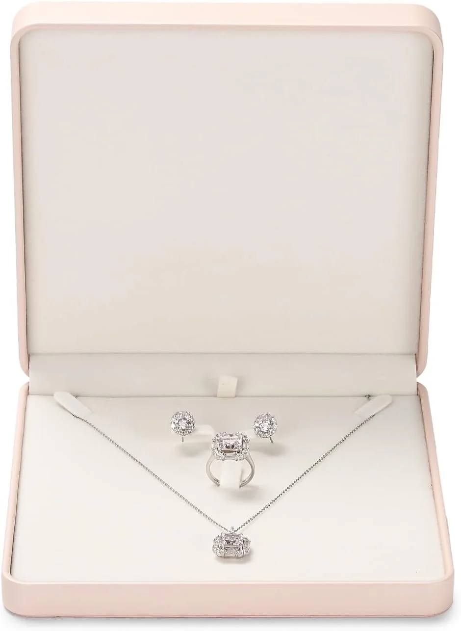 جعبه بزرگ جواهرات چرمی لوکس، جعبه هدیه بزرگ گردنبند و انگشتر و گوشواره، جعبه نگهداری جواهرات گردنبند مرواریدی/درشت (صورتی)