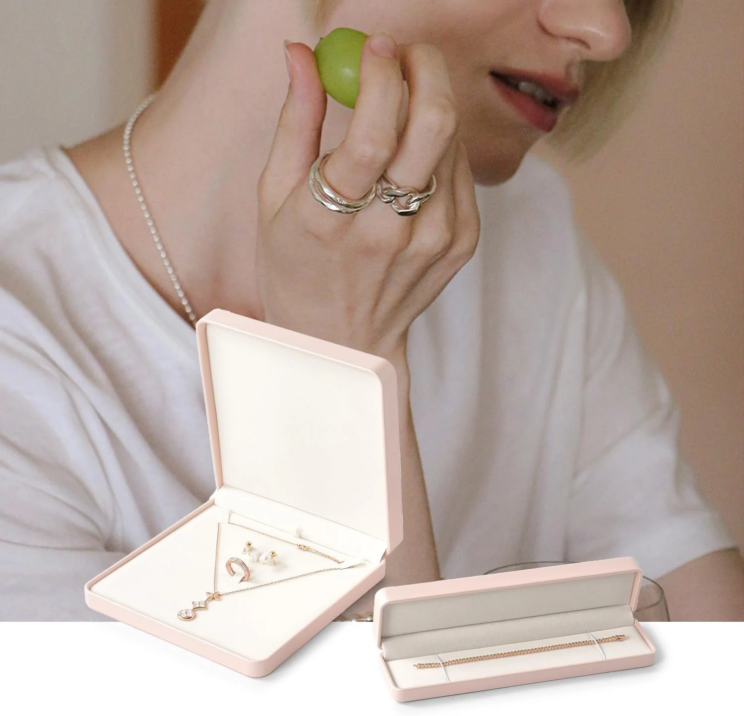 جعبه بزرگ جواهرات چرمی لوکس، جعبه هدیه بزرگ گردنبند و انگشتر و گوشواره، جعبه نگهداری جواهرات گردنبند مرواریدی/درشت (صورتی)