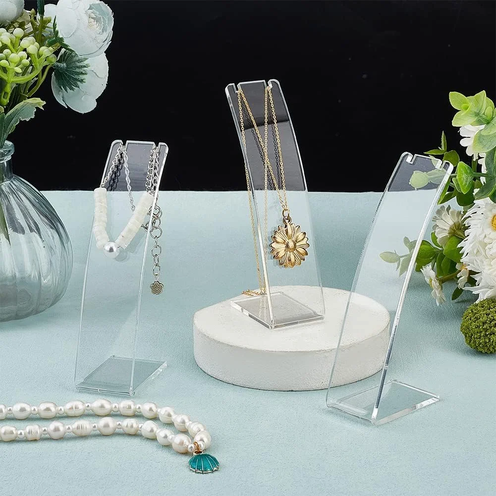 پایه نگهدارنده گردنبند اکریلیک L شکل، استند نمایش گوشواره با پشتی مورب، سازمان دهنده جواهرات برای گوشواره، گردنبند، زنجیر بلند، آویز، قفسه نگهداری جواهرات برای نمایش خرده فروشی (6 عدد، شفاف، ارتفاع 4.53 اینچ)