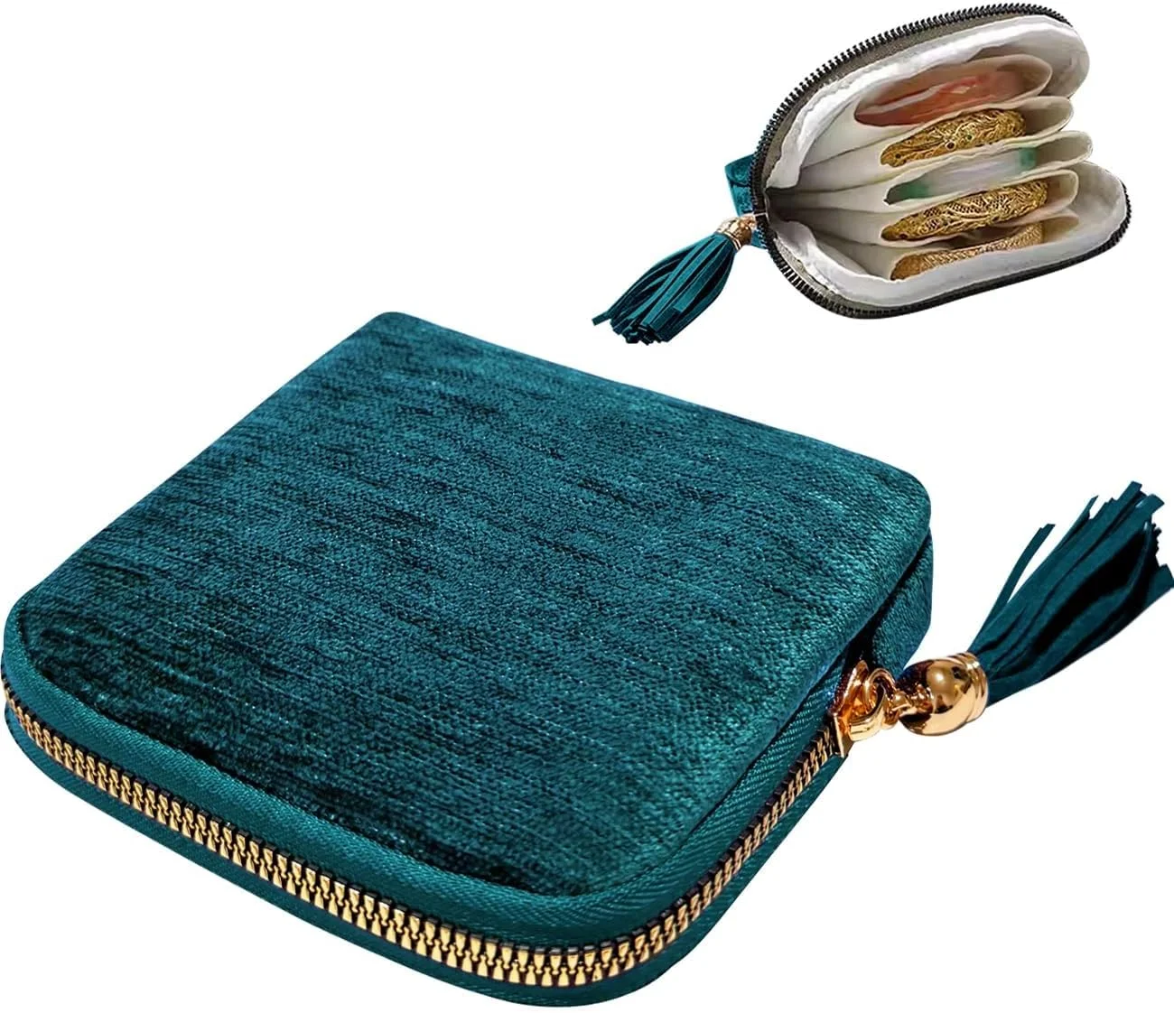 کیف نگهدارنده جواهرات با زیپ منگوله دار، 5 محفظه، کیف نگهداری قابل حمل برای دستبند، ساعت، انگشتر، گوشواره، گردنبند، نگهدارنده جواهر جمع و جور، هدیه شیک برای خانم ها (آبی طاووسی)