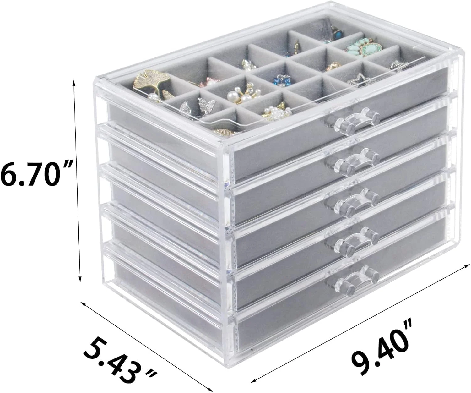 جعبه جواهرات اکرلیک زنانه، جعبه شفاف با ۵ کشو، مناسب برای گوشواره، النگو، دستبند، گردنبند، جعبه نمایش حلقه (خاکستری) جعبه جواهرات اکرلیک زنانه، جعبه شفاف با ۵ کشو، مناسب برای گوشواره، النگو، دستبند، گردنبند، جعبه نمایش حلقه (خاکستری)