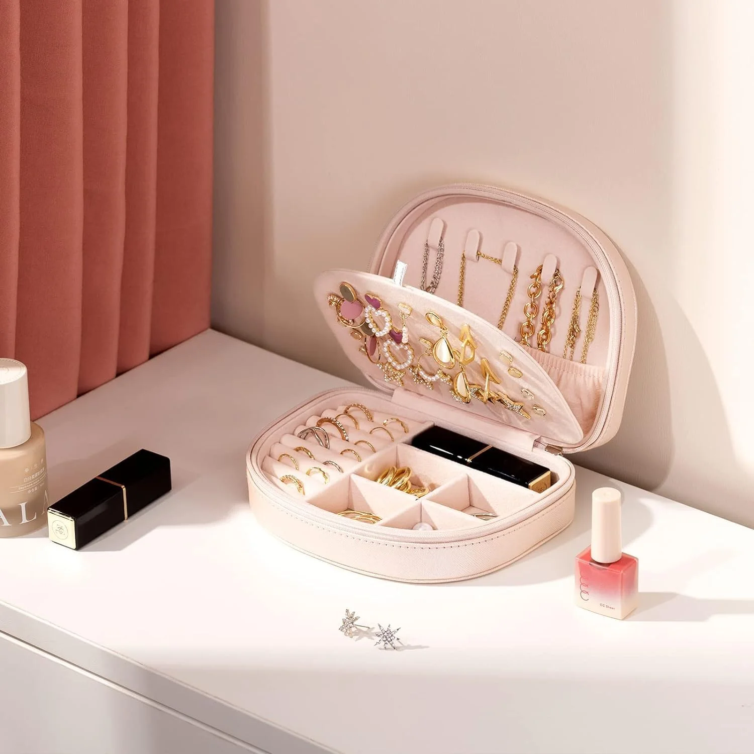 جعبه جواهرات کوچک و قابل حمل تریفی، جعبه مسافرتی مینی چرمی PU صورتی برای دختران و زنان، گوشواره، گردنبند، انگشتر، دستبند جعبه جواهرات کوچک و قابل حمل تریفی، جعبه مسافرتی مینی چرمی PU صورتی برای دختران و زنان، گوشواره، گردنبند، انگشتر، دستبند