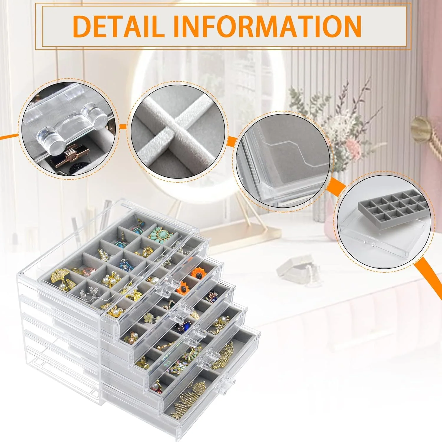 جعبه جواهرات اکرلیک زنانه، جعبه شفاف با ۵ کشو، مناسب برای گوشواره، النگو، دستبند، گردنبند، جعبه نمایش حلقه (خاکستری) جعبه جواهرات اکرلیک زنانه، جعبه شفاف با ۵ کشو، مناسب برای گوشواره، النگو، دستبند، گردنبند، جعبه نمایش حلقه (خاکستری)