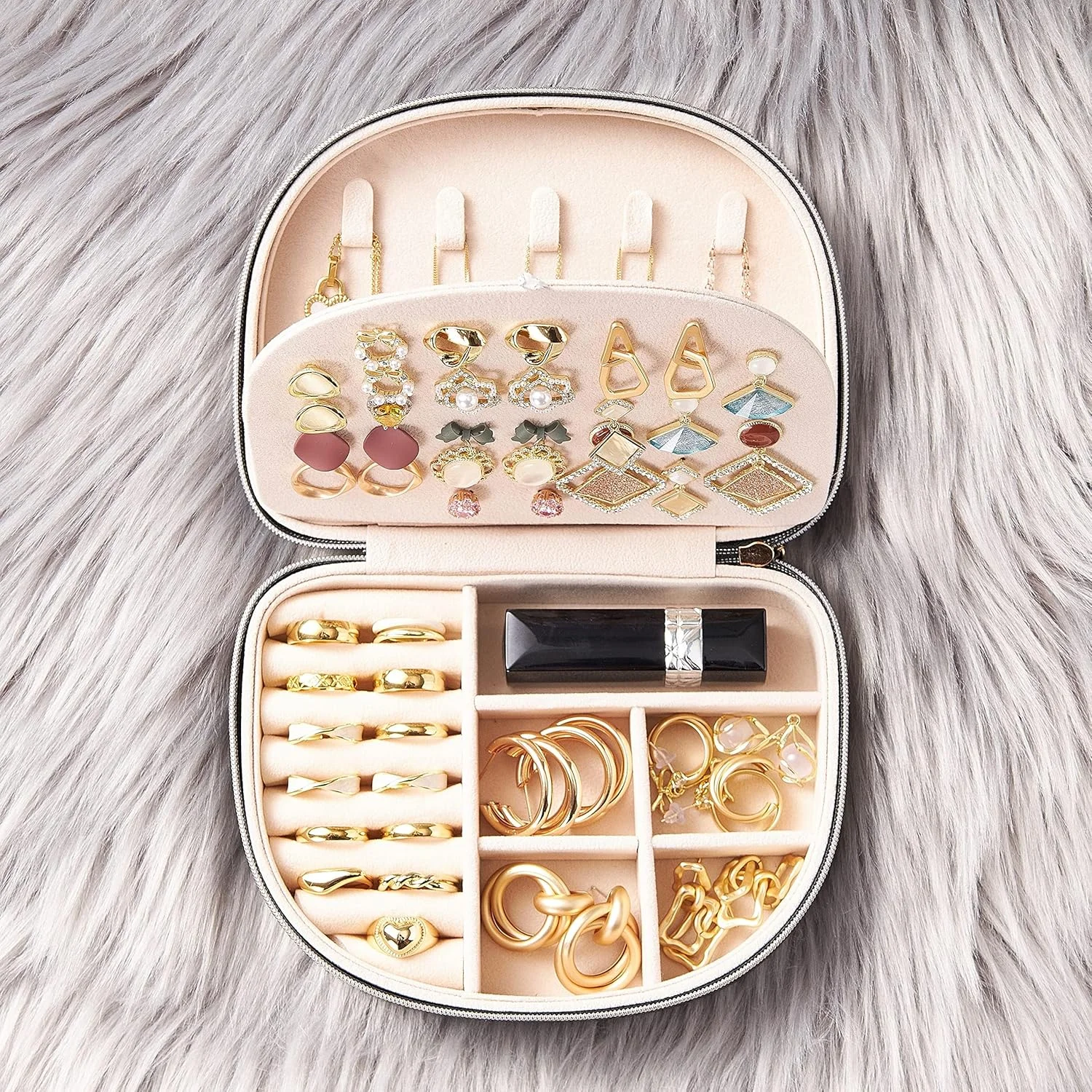 جعبه جواهرات مسافرتی تریفی، جعبه کوچک و قابل حمل به شکل صدف، مینی ارگنایزر 2 لایه از جنس چرم PU، نگهدارنده گوشواره، گردنبند، دستبند و انگشتر برای زنان و دختران - مشکی