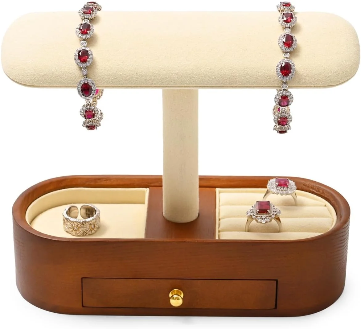 استند ساعت چوبی جامد با کشو برای نگهداری زیورآلات مردانه و زنانه، نگهدارنده T شکل برای نمایش ساعت، دستبند، النگو، انگشتر، گوشواره، گردنبند (سفید کرمی)
