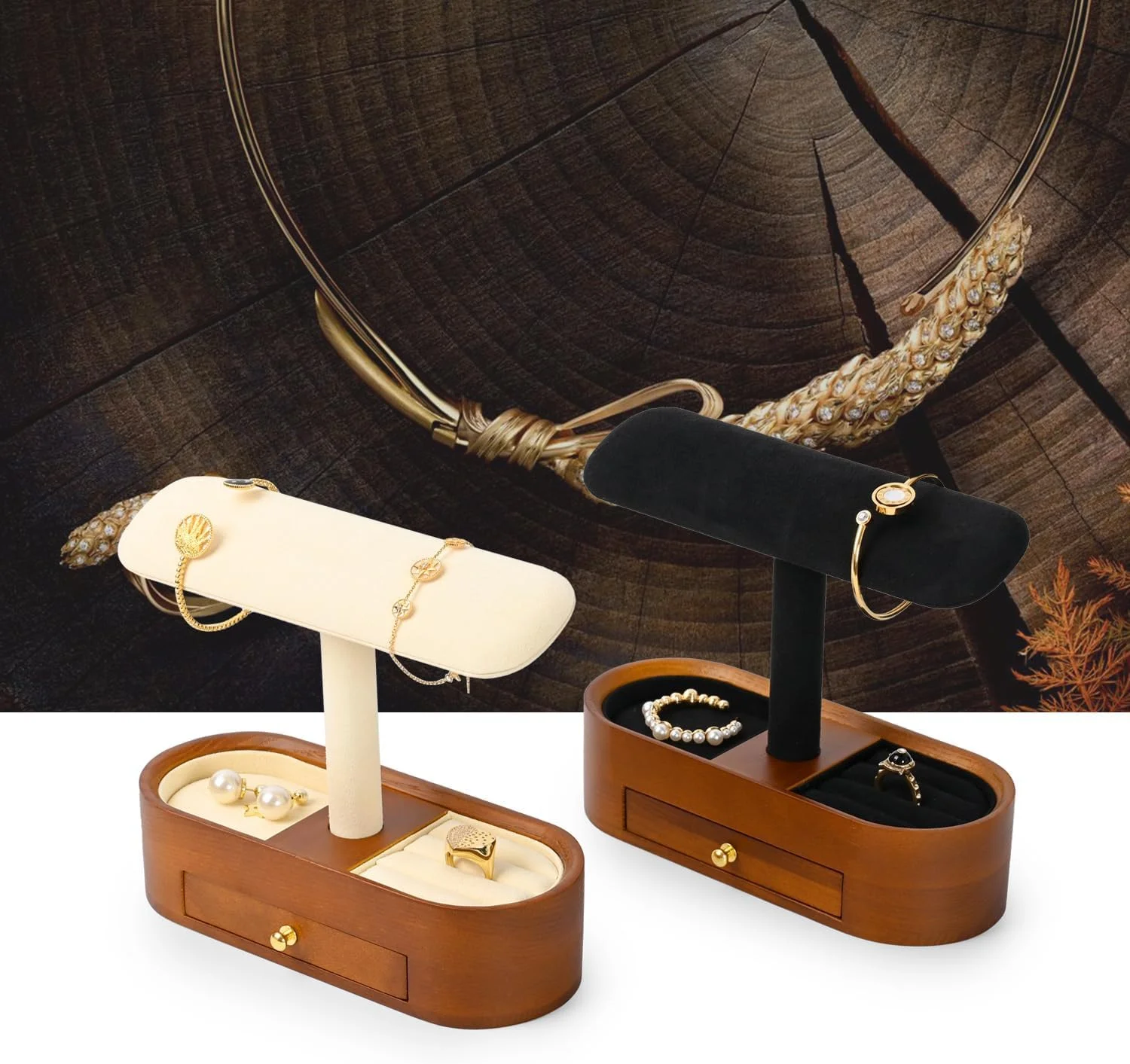 استند ساعت چوبی جامد با کشو برای نگهداری زیورآلات مردانه و زنانه، نگهدارنده T شکل برای نمایش ساعت، دستبند، النگو، انگشتر، گوشواره، گردنبند (سفید کرمی)