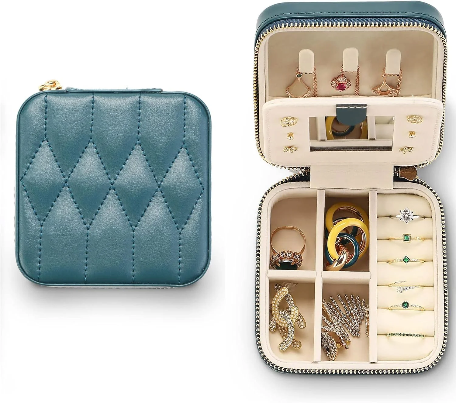 جعبه جواهرات مسافرتی کوچک TERRIFI، جعبه جواهرات مسافرتی با آینه، برای انگشتر، گوشواره، آویز، ساعت، گردنبند، رژ لب (سبز تیره) جعبه جواهرات مسافرتی کوچک TERRIFI، جعبه جواهرات مسافرتی با آینه، برای انگشتر، گوشواره، آویز، ساعت، گردنبند، رژ لب (سبز تیره)