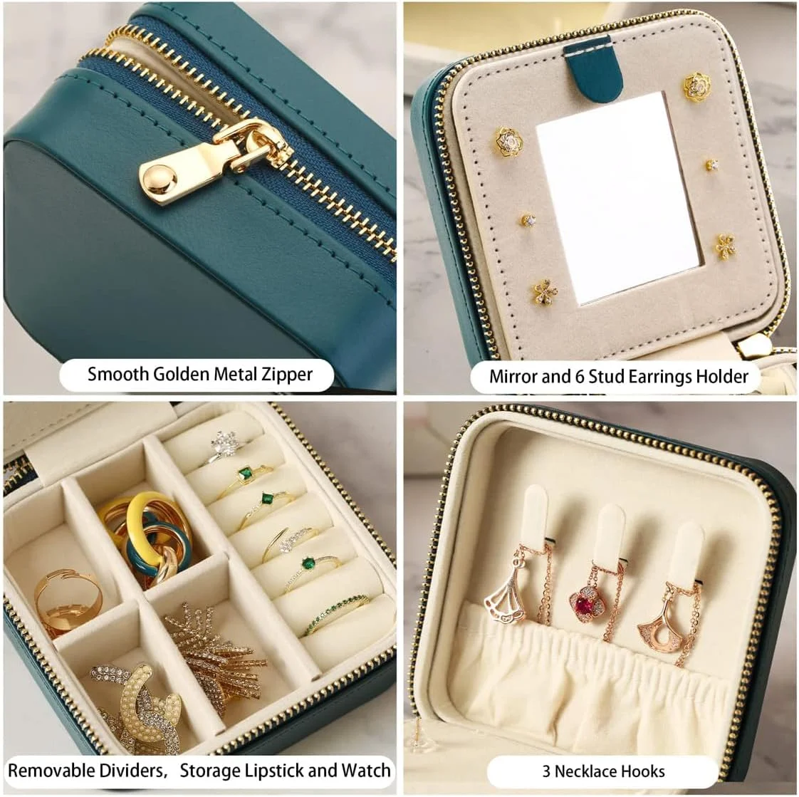 جعبه جواهرات مسافرتی کوچک TERRIFI، جعبه جواهرات مسافرتی با آینه، برای انگشتر، گوشواره، آویز، ساعت، گردنبند، رژ لب (سبز تیره)