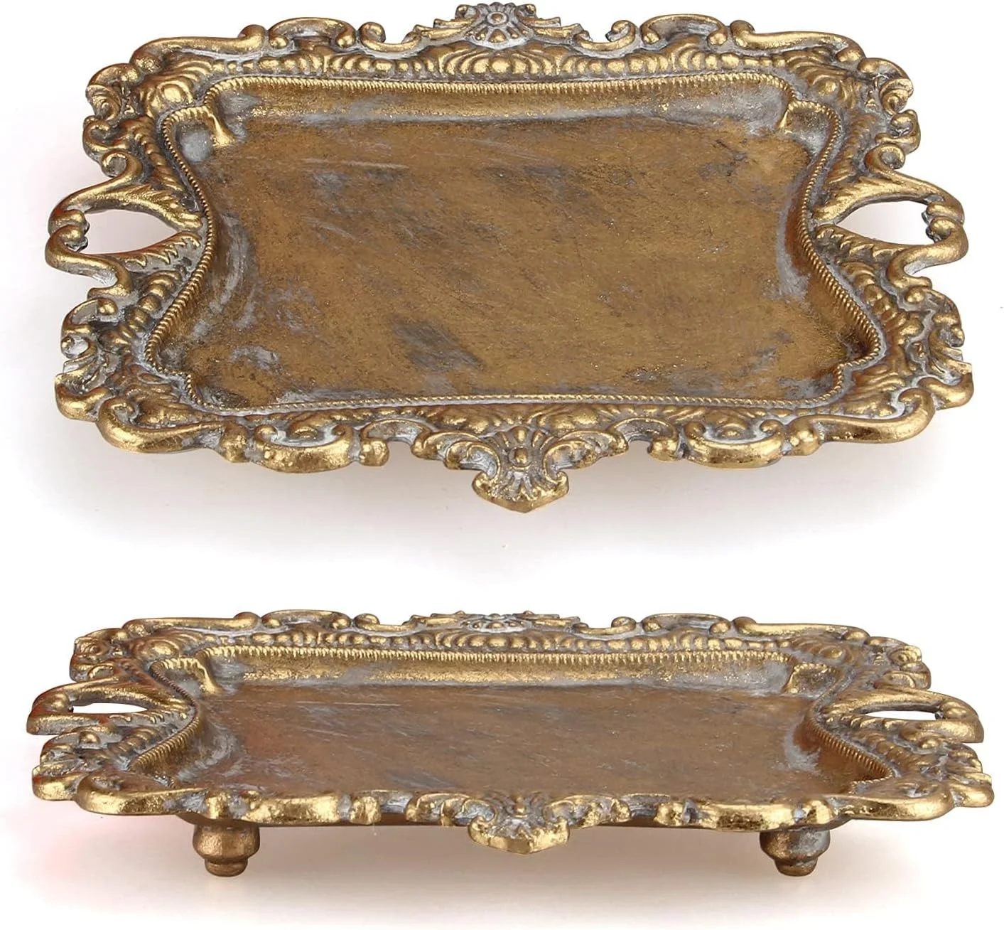 سینی جواهرات کوچک طلایی طرح قدیمی - بشقاب حلقه تزیینی روستایی برای نامزدی و عروسی - سینی گوشواره و گردنبند عتیقه طلایی - سینی های تزئینی کوچک نمایش جواهرات