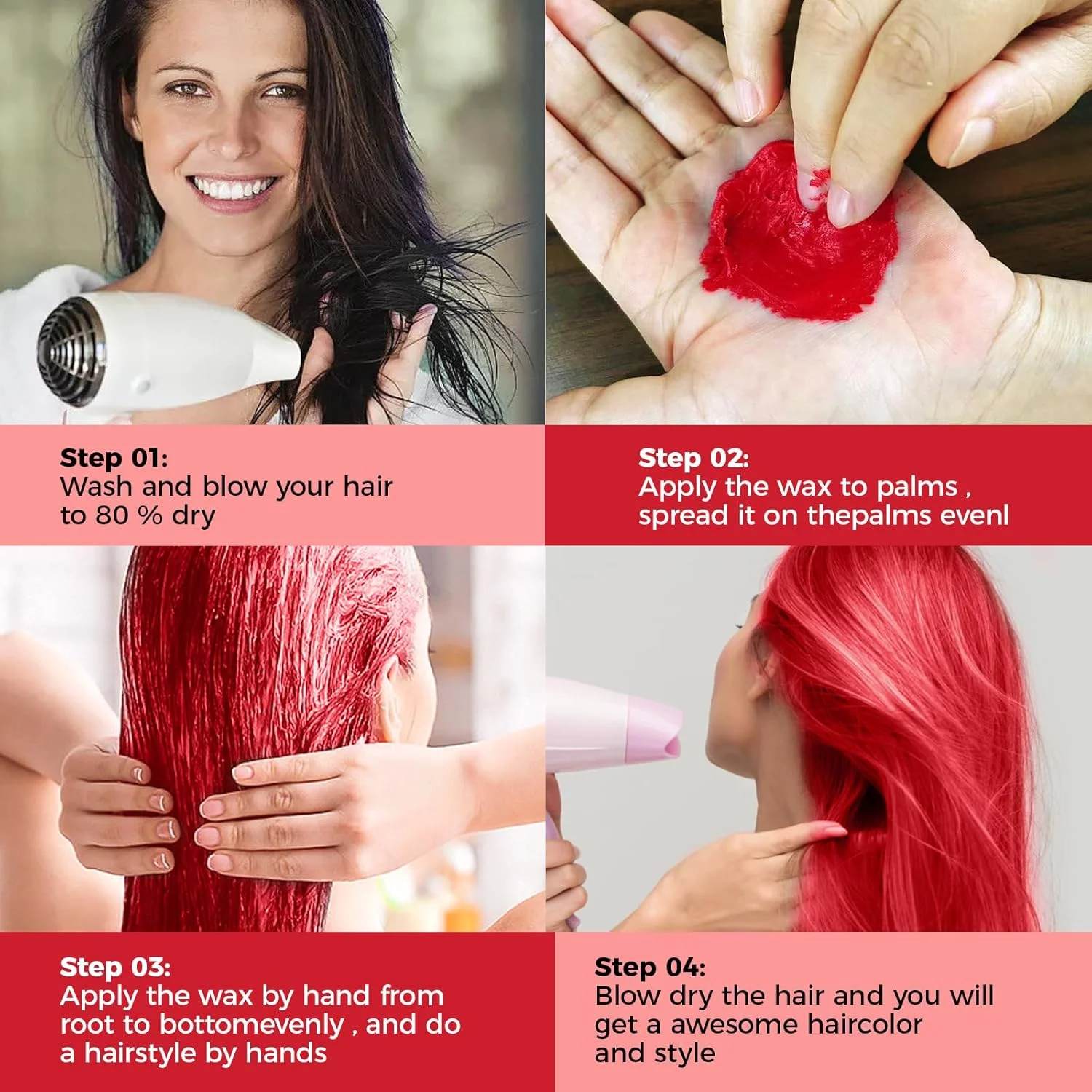 کرم حالت دهنده مو فوری efly 120 گرمی، واکس رنگ موی موقت برای مهمانی، ایفای نقش، تمیز کردن آسان (1، قرمز)