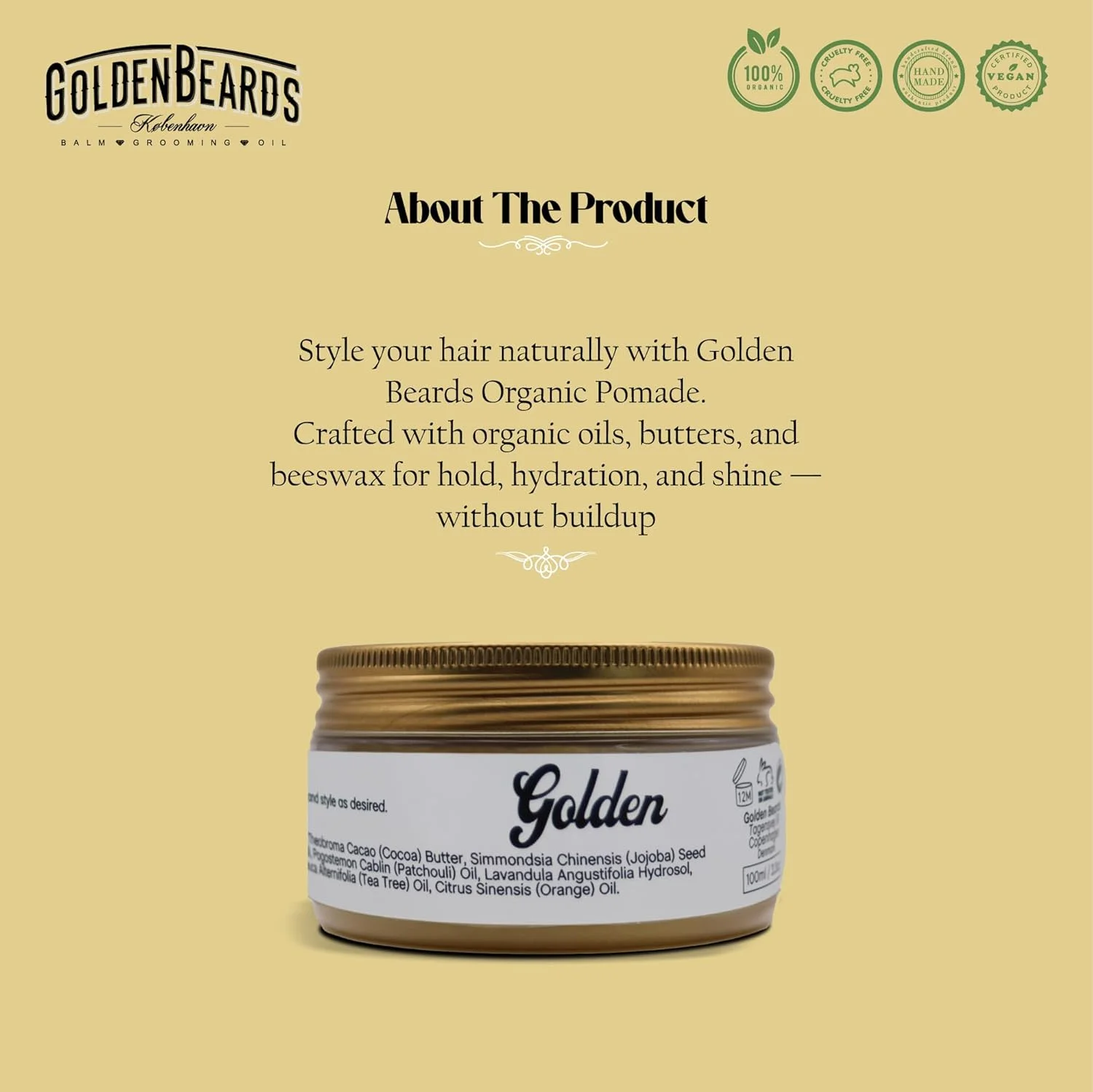 پماد موی ارگانیک و طبیعی گلدن بیردز ۱۰۰ میلی لیتر - ساخته شده با عشق در دانمارک - اثر درخشش عالی برای موهای بلند و کوتاه - نگهدارنده متوسط و انعطاف پذیر - مناسب برای همه