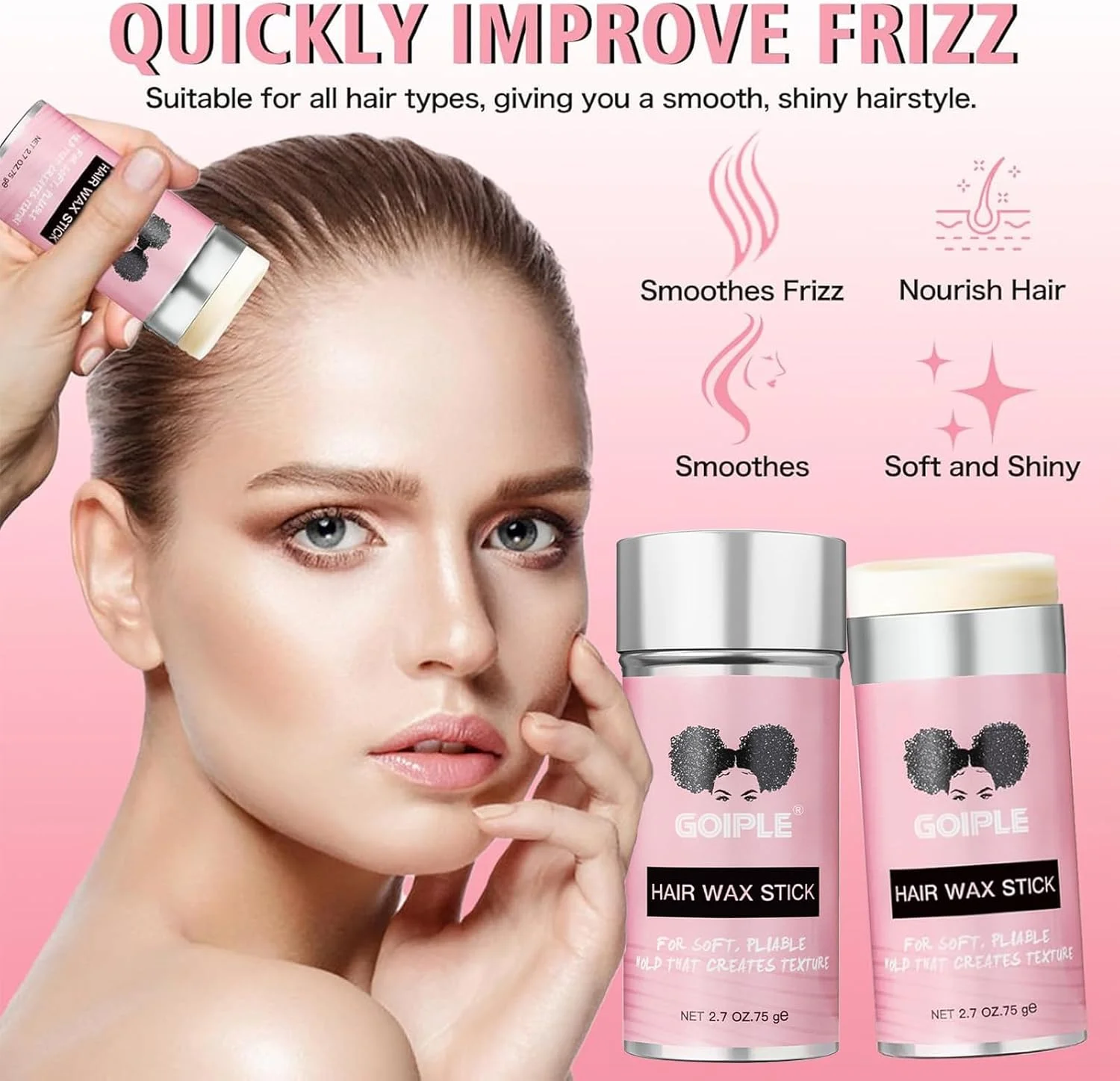 استیک واکس مو Goiple - ماندگاری طولانی، صاف کننده و حالت دهنده قوی برای موهای مصنوعی، واکس حالت دهنده برای موهای وز و پرزدار، 80 گرم