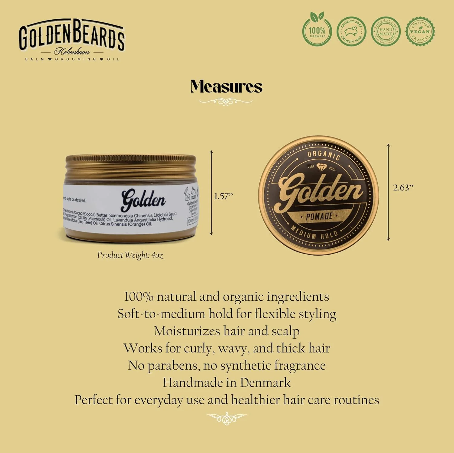 پماد موی ارگانیک و طبیعی گلدن بیردز ۱۰۰ میلی لیتر - ساخته شده با عشق در دانمارک - اثر درخشش عالی برای موهای بلند و کوتاه - نگهدارنده متوسط و انعطاف پذیر - مناسب برای همه