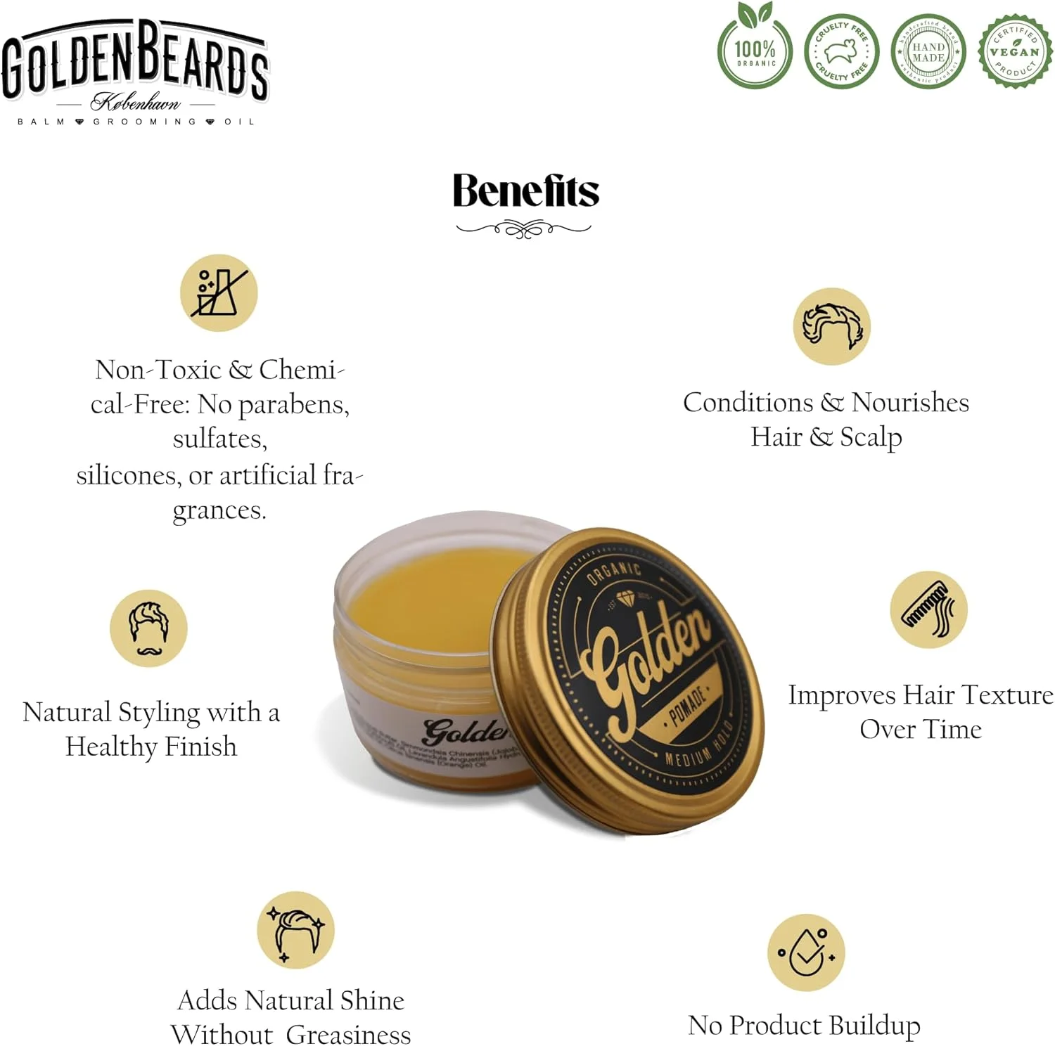 پماد موی ارگانیک و طبیعی گلدن بیردز ۱۰۰ میلی لیتر - ساخته شده با عشق در دانمارک - اثر درخشش عالی برای موهای بلند و کوتاه - نگهدارنده متوسط و انعطاف پذیر - مناسب برای همه