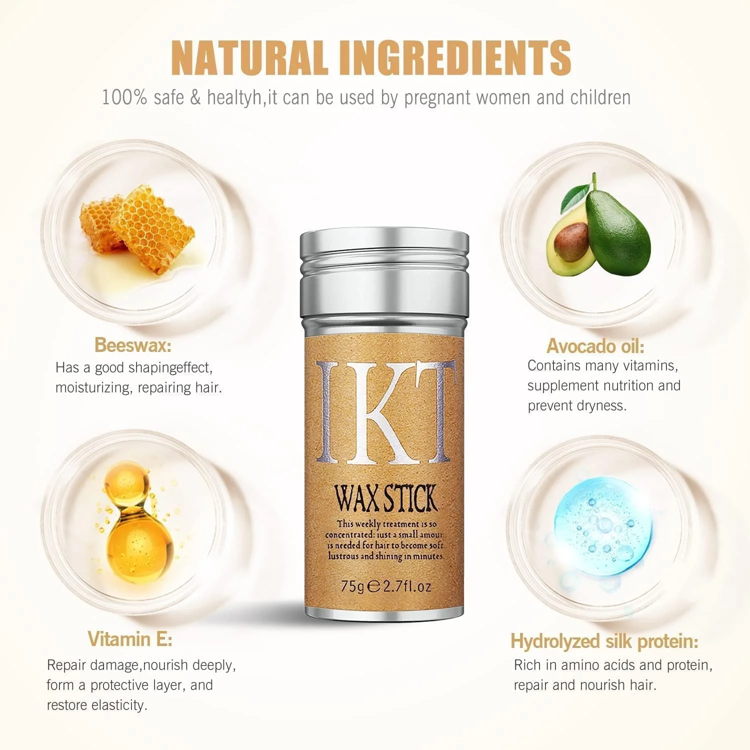 استیک واکس مو IKT برای حالت دادن به موی زنانه، کلاه گیس و مرتب کردن موهای شکسته، حالت دهنده مو برای صاف کردن موهای زائد و وز، غیر چرب به همراه شانه پوش دهنده (بسته 2 عددی)