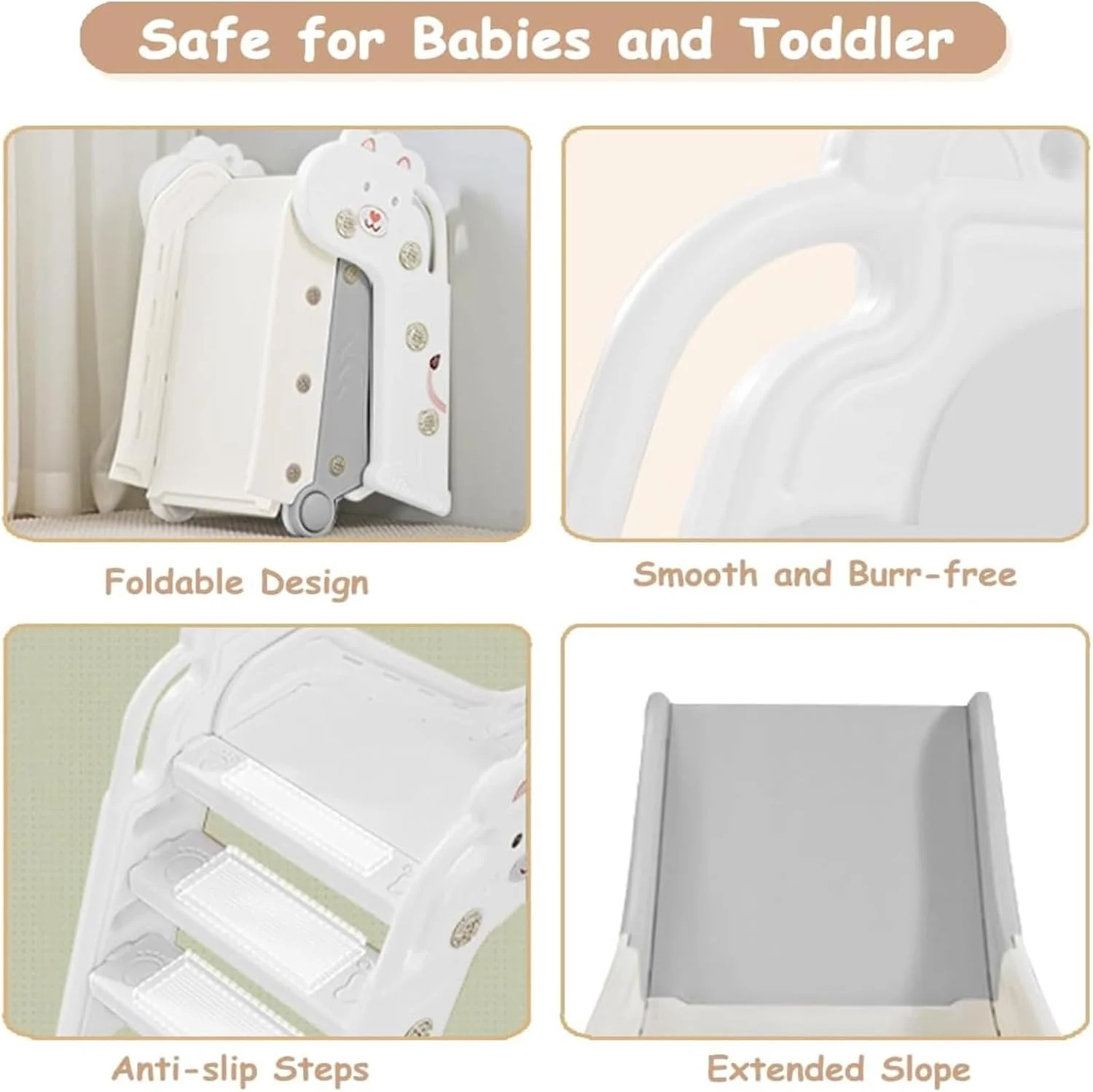 سرسره تاشو قابل حمل کودک SOOFAM با صخره نوردی، مجموعه بازی مستقل داخلی و خارجی برای کودکان 1-3 ساله، اسباب بازی فعالیت ایمنی پله های ضد لغزش (سفید)