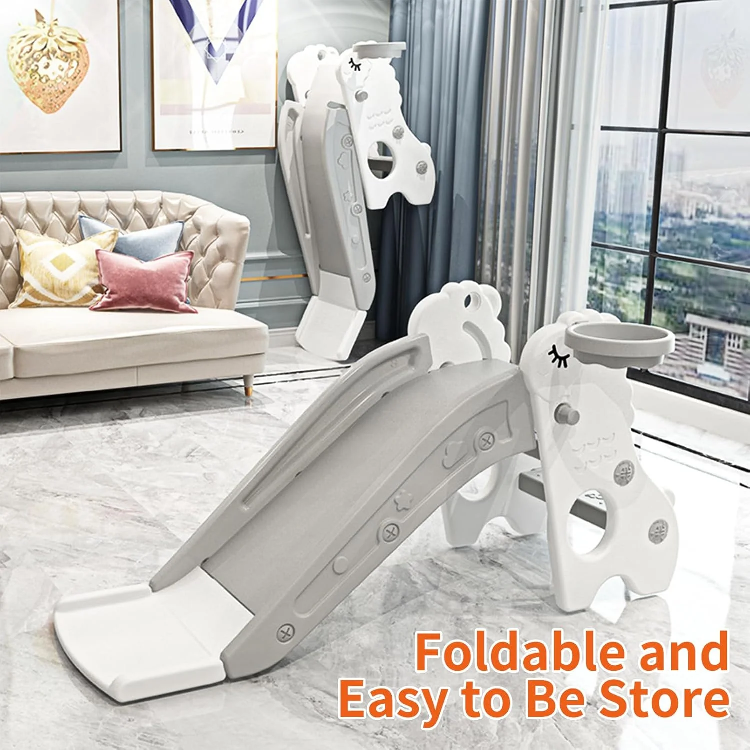 سرسره کودک 3 در 1 SOOFAM، سرسره تاشو چند منظوره خانگی سرپوشیده برای کودکان بالای 1 سال به همراه مجموعه بازی سرسره صخره نوردی، حلقه بسکتبال و توپ (سفید)