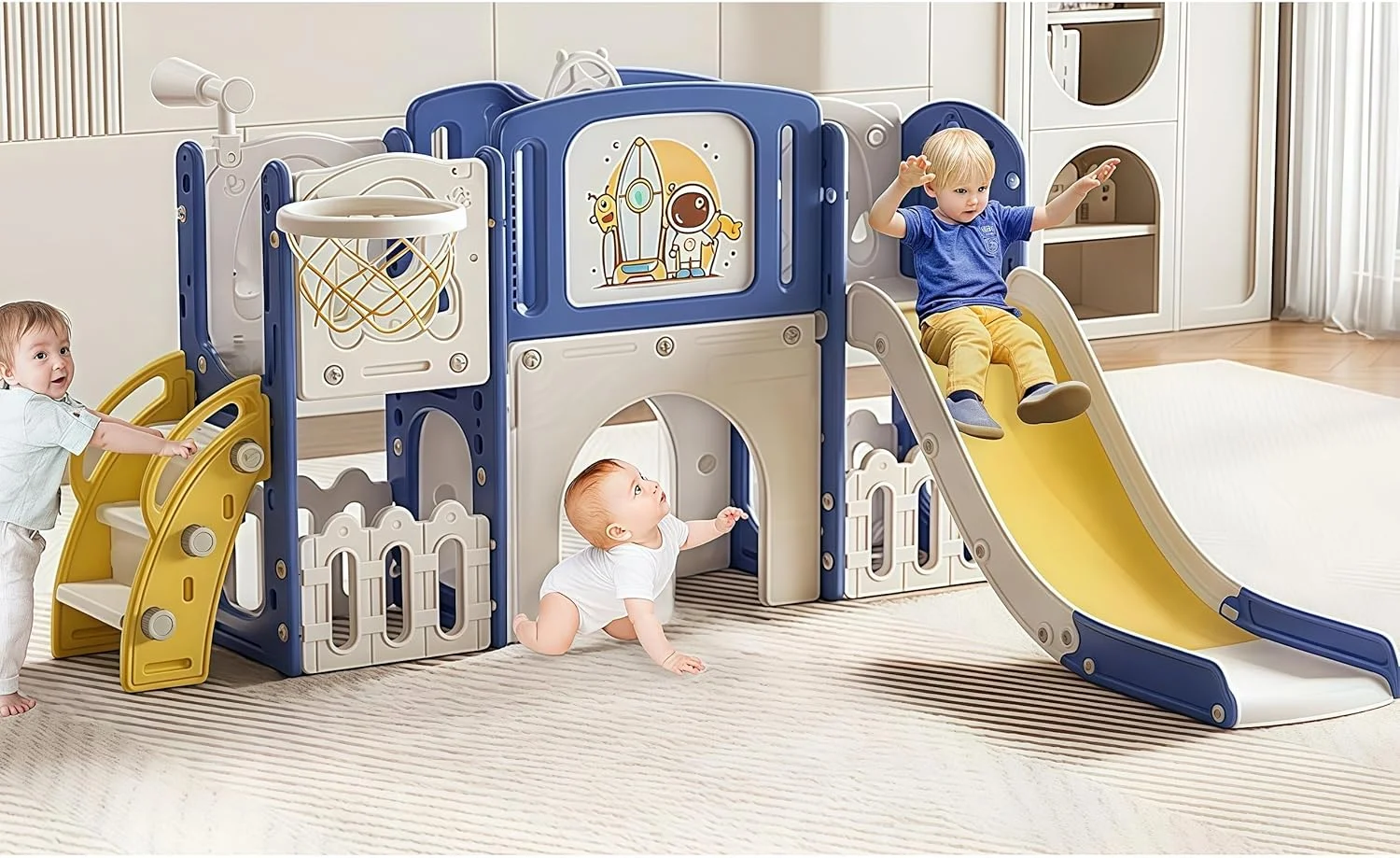 سرسره کودک 9 در 1 SOOFAM، سرسره کودکان برای کودکان بالای 1 سال، مجموعه بازی با حلقه بسکتبال، تلسکوپ، تخته طراحی، زمین بازی سرپوشیده و روباز برای کودکان 1-3 سال (آبی) سرسره کودک 9 در 1 SOOFAM، سرسره کودکان برای کودکان بالای 1 سال، مجموعه بازی با حلقه بسکتبال، تلسکوپ، تخته طراحی، زمین بازی سرپوشیده و روباز برای کودکان 1-3 سال (آبی)