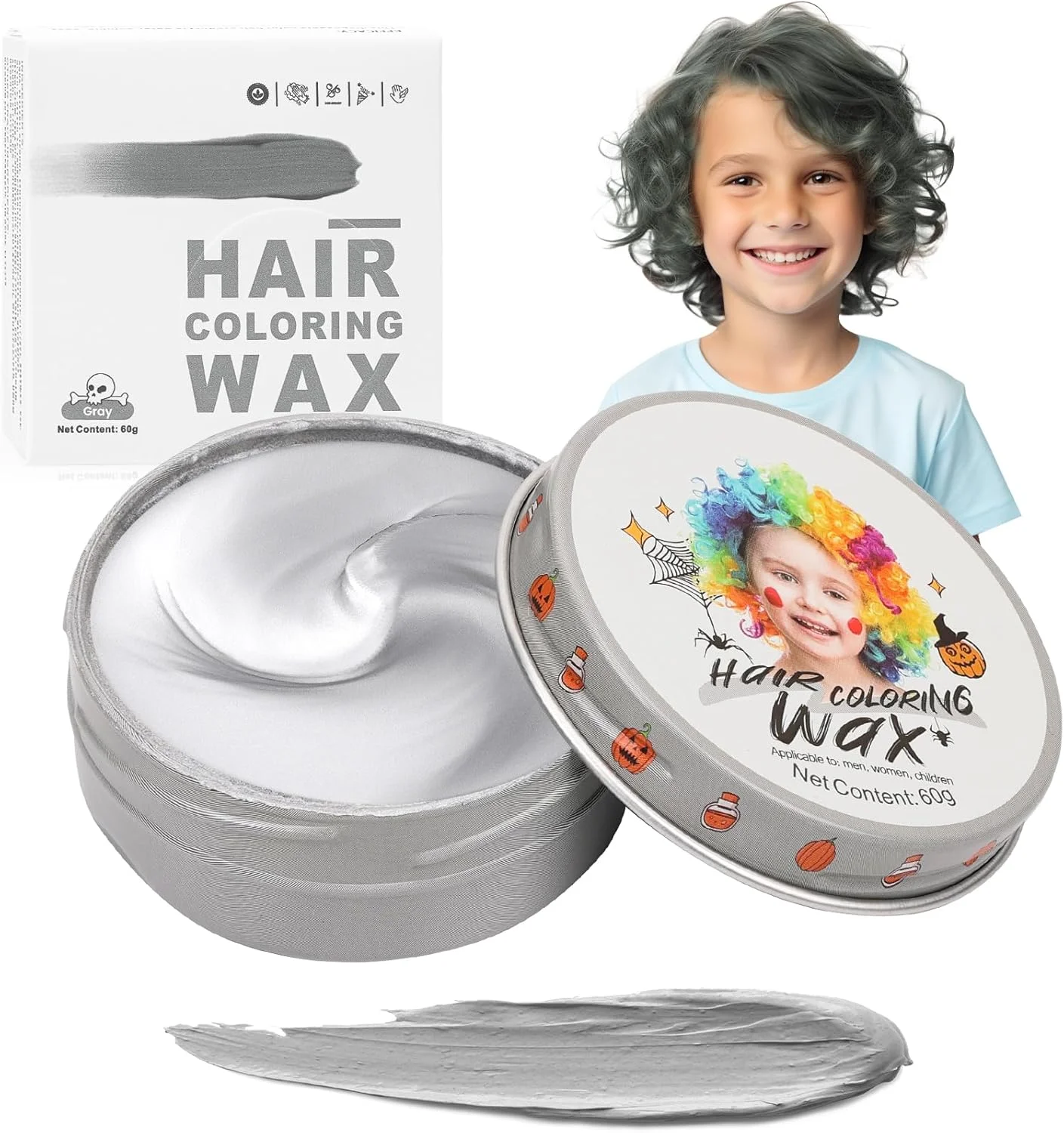 موم رنگ موقت میفانیو خاکستری نقره ای برای کودکان، رنگ موی رنگی قابل شستشو، پماد خاکستری یکبار مصرف و فوری برای دختران و پسران، کرم ژل رنگ آمیزی DIY برای زنان و مردان هالووین