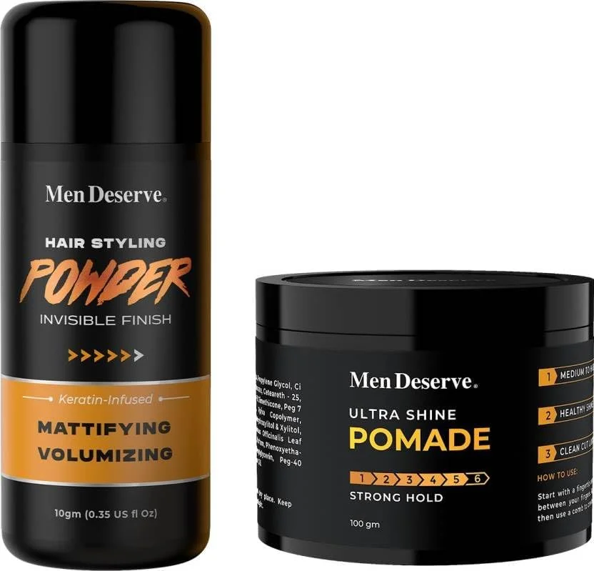 مجموعه حالت دهنده مو مردانه شامل پودر حجم دهنده مو و پماد براق کننده مو، پودر مو 100 گرم + 10 گرم