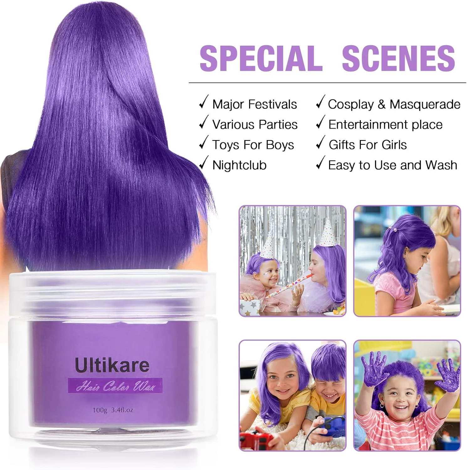 واکس مو رنگی موقت برای موهای طبیعی، واکس مو رنگ بنفش Ultikare، پماد حالت دهنده، کرم ژل گِلی فوری 100 میلی لیتر، هدیه دخترانه، مهمانی، DIY Cosplay، روز کودک واکس مو رنگی موقت برای موهای طبیعی، واکس مو رنگ بنفش Ultikare، پماد حالت دهنده، کرم ژل گِلی فوری 100 میلی لیتر، هدیه دخترانه، مهمانی، DIY Cosplay، روز کودک