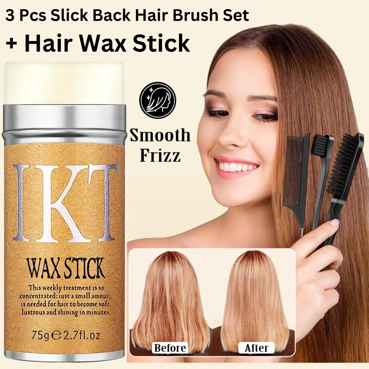 استیک واکس مو به همراه ست برس موی صاف کننده 3 عددی، استیک واکس مو برای حالت دادن و مرتب کردن موهای وز و خرده موها به همراه برس مو