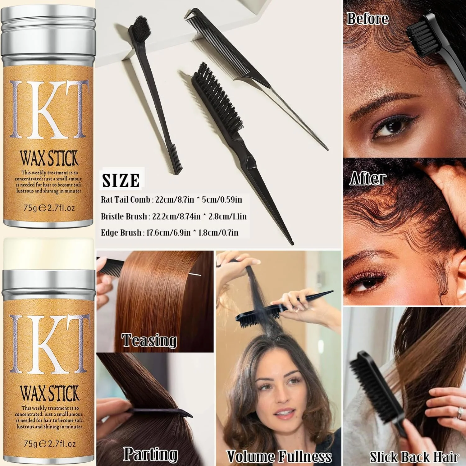 استیک واکس مو به همراه ست برس موی صاف کننده 3 عددی، استیک واکس مو برای حالت دادن و مرتب کردن موهای وز و خرده موها به همراه برس مو