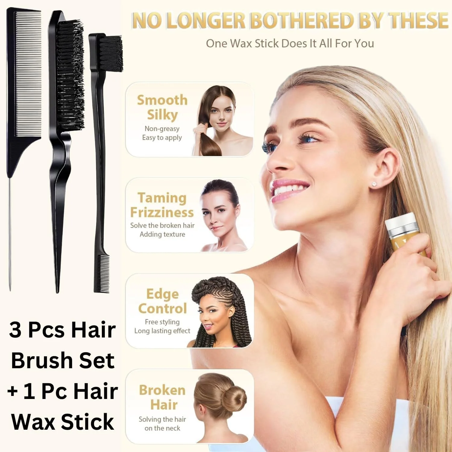 استیک واکس مو به همراه ست برس موی صاف کننده 3 عددی، استیک واکس مو برای حالت دادن و مرتب کردن موهای وز و خرده موها به همراه برس مو