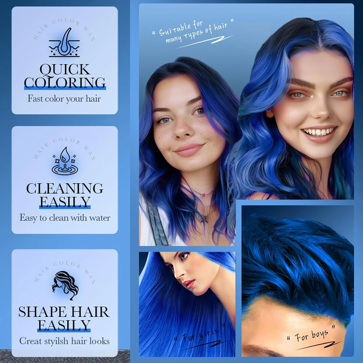 واکس مو رنگی خاکستری نقره‌ای موقت، 12۰ گرم، کرم رنگ مو فوری، رنگ موی یکبار مصرف برای مردان، زنان، جوانان، پماد حالت دهنده طبیعی خاکستری برای مهمانی، Cosplay، DIY، هالووین (آبی)