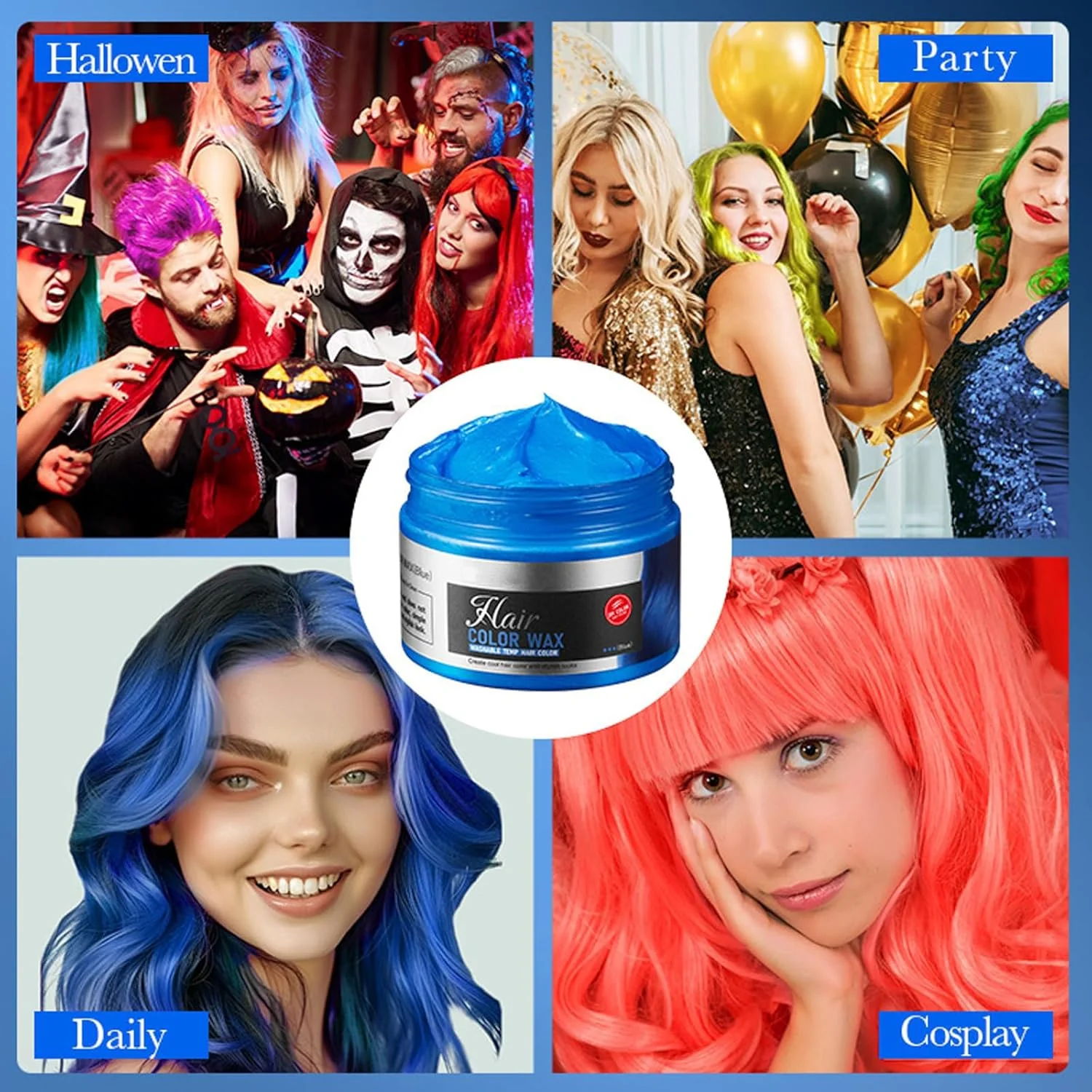 واکس مو رنگی خاکستری نقره‌ای موقت، 12۰ گرم، کرم رنگ مو فوری، رنگ موی یکبار مصرف برای مردان، زنان، جوانان، پماد حالت دهنده طبیعی خاکستری برای مهمانی، Cosplay، DIY، هالووین (آبی)