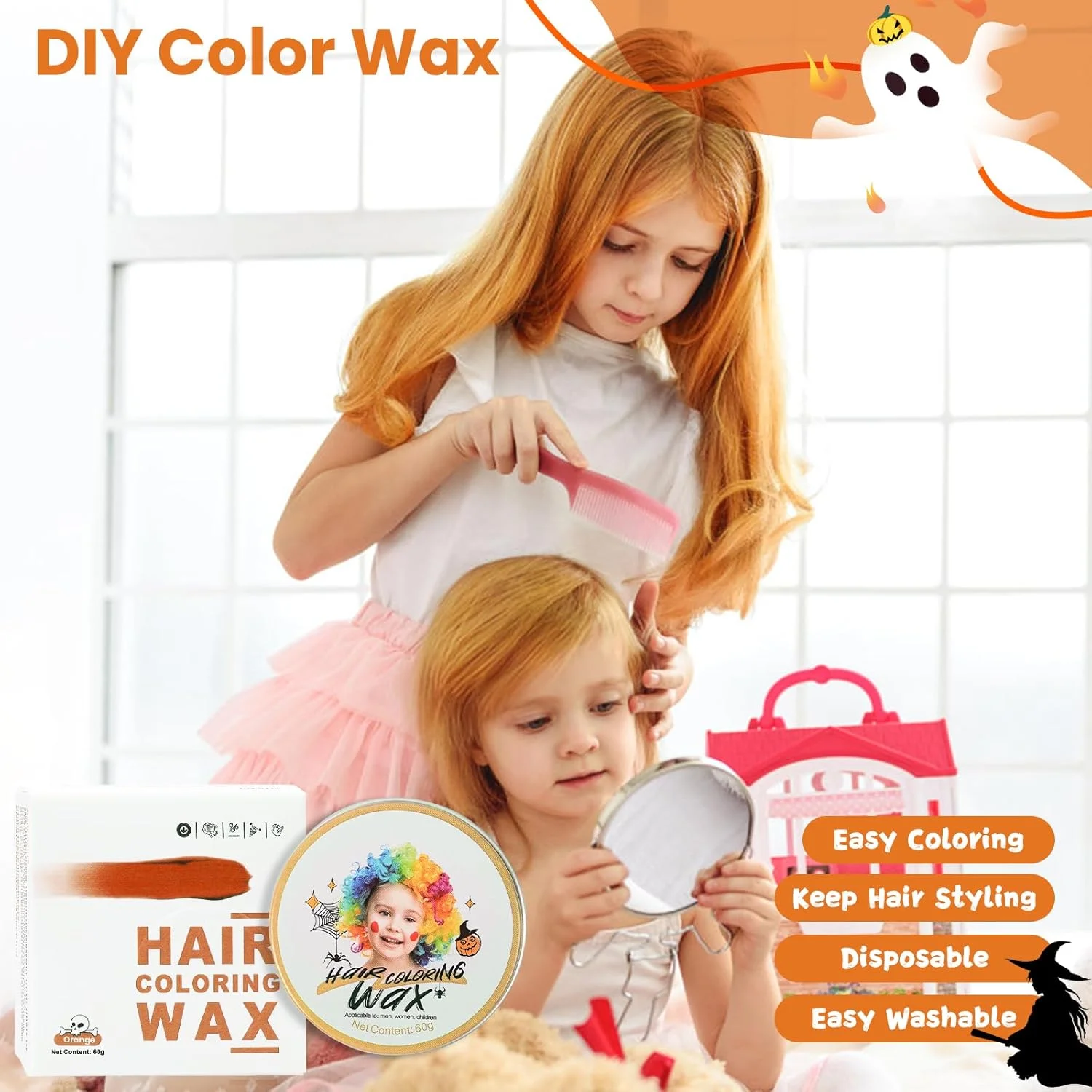 رنگ موی موقت نارنجی برای کودکان، رنگ فوری، پماد رنگی برای مردان و زنان، کرم رنگ و حالت دهنده، واکس DIY برای مهمانی ها، اجرای نقش، هالووین