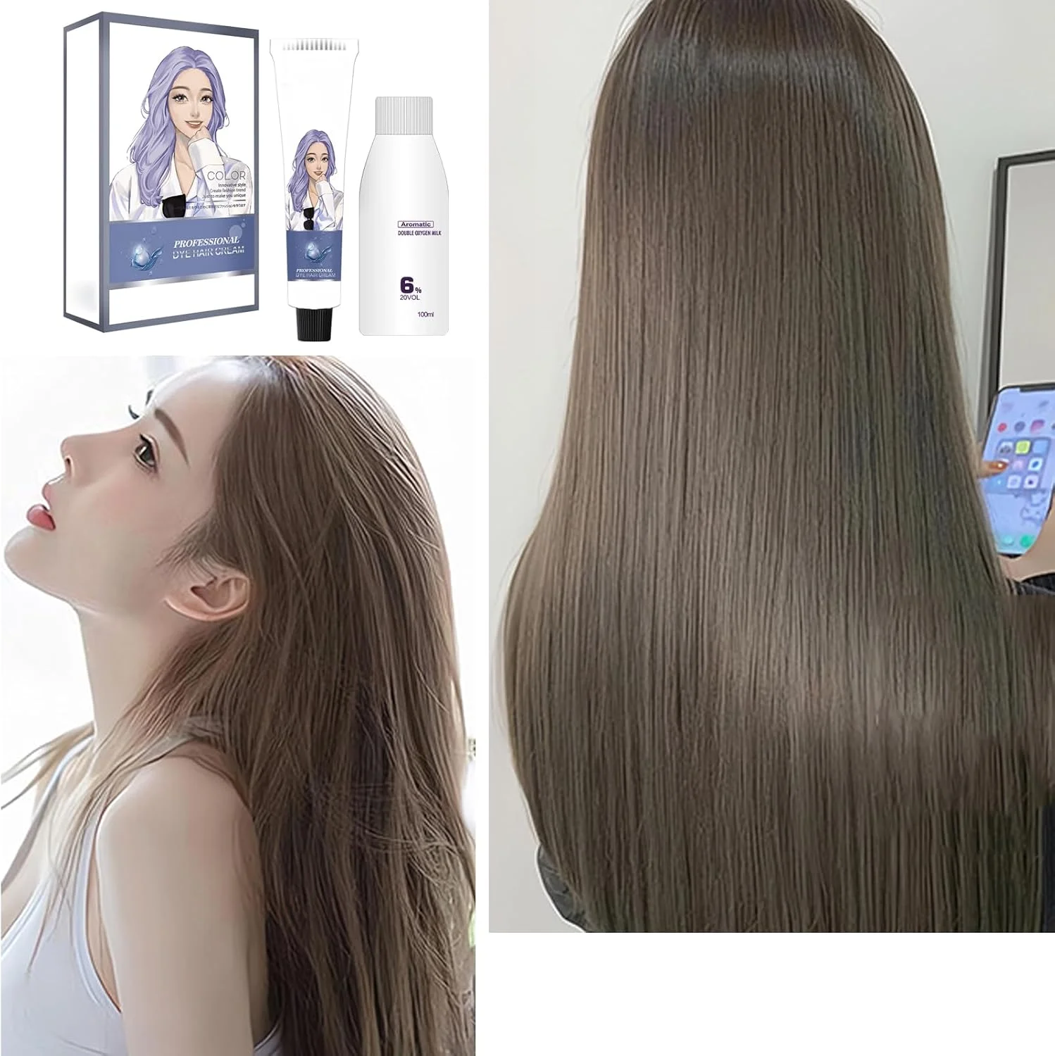 کرم رنگ موی موقت، رنگ موی قابل شستشو، پماد طبیعی رنگ مو، برای آقایان و بانوان، غیر دائمی، یونیسکس، قهوه ای خاکستری، استفاده آسان