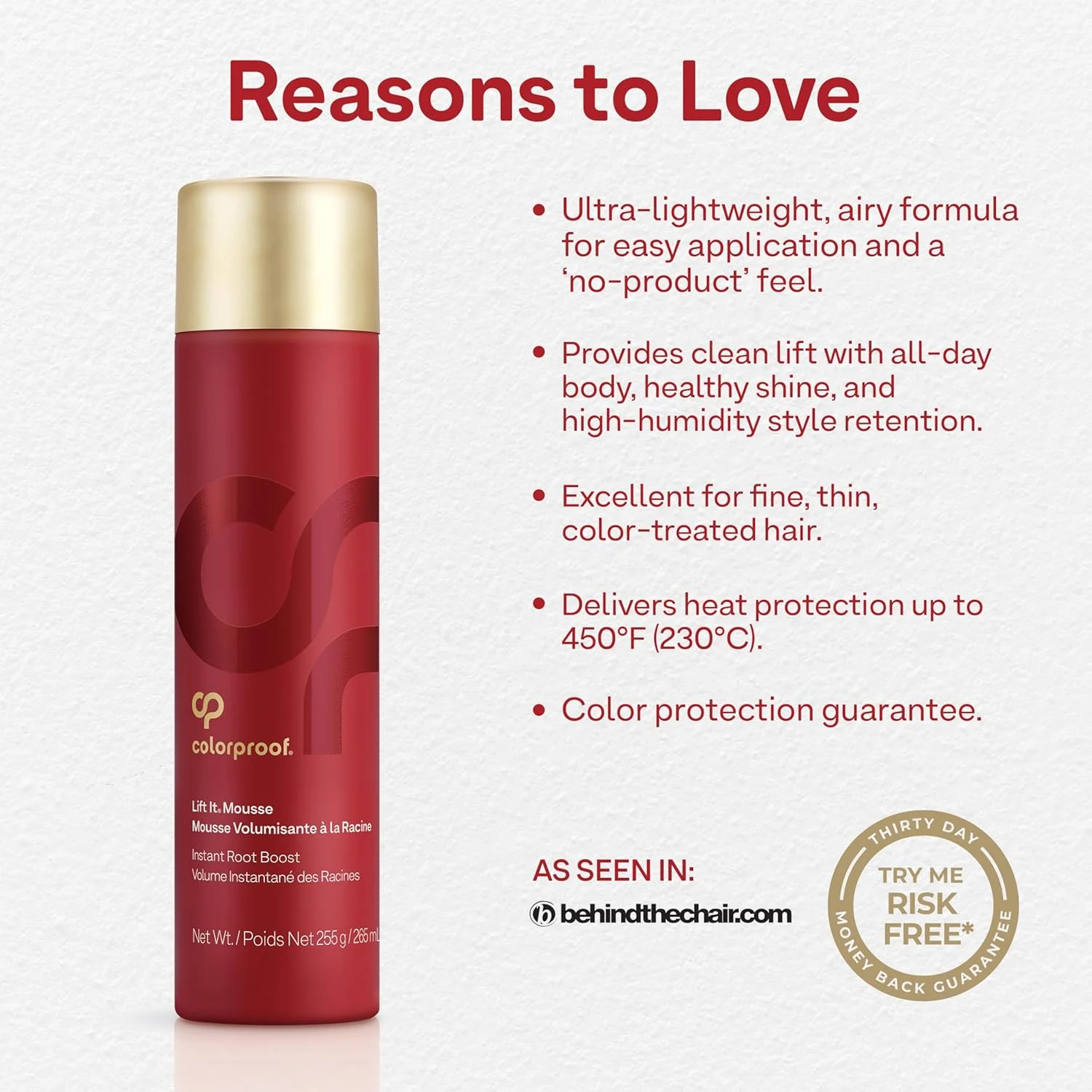 موس حجم دهنده مو کالرپروف لیفت ایت، 255 گرم - برای موهای نازک یا کم حجم، موس حجم دهنده ریشه مو برای حجم و کنترل، بدون سولفات، وگان