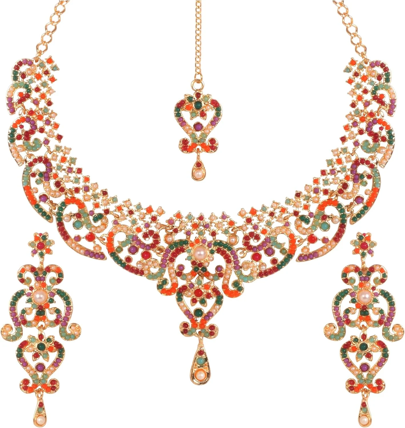 تاچ استون، ست گردنبند مجلسی زنانه با طرح گل و نگین های رنگارنگ، مناسب عروس، با روکش طلایی تاچ استون، ست گردنبند مجلسی زنانه با طرح گل و نگین های رنگارنگ، مناسب عروس، با روکش طلایی