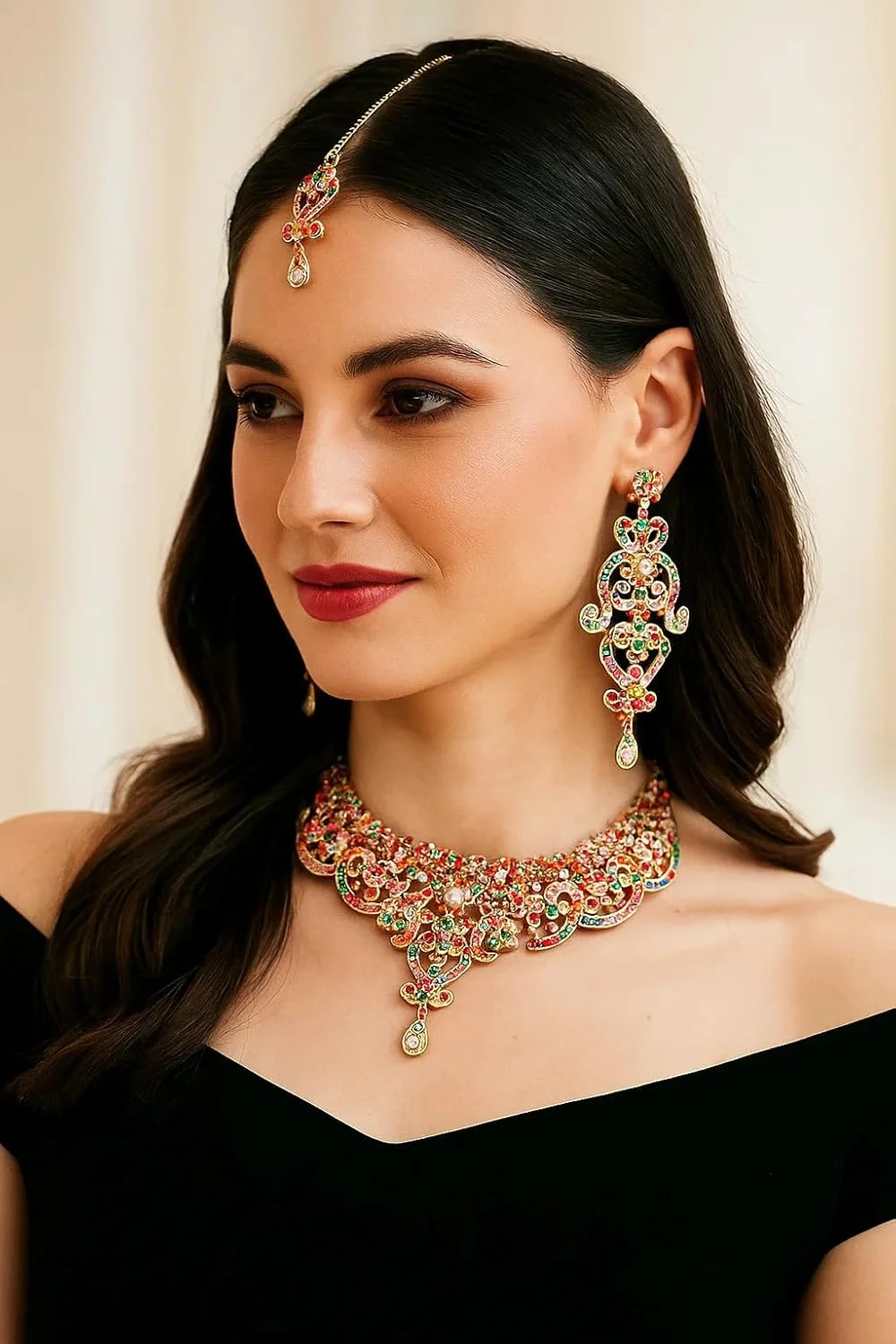 تاچ استون، ست گردنبند مجلسی زنانه با طرح گل و نگین های رنگارنگ، مناسب عروس، با روکش طلایی تاچ استون، ست گردنبند مجلسی زنانه با طرح گل و نگین های رنگارنگ، مناسب عروس، با روکش طلایی