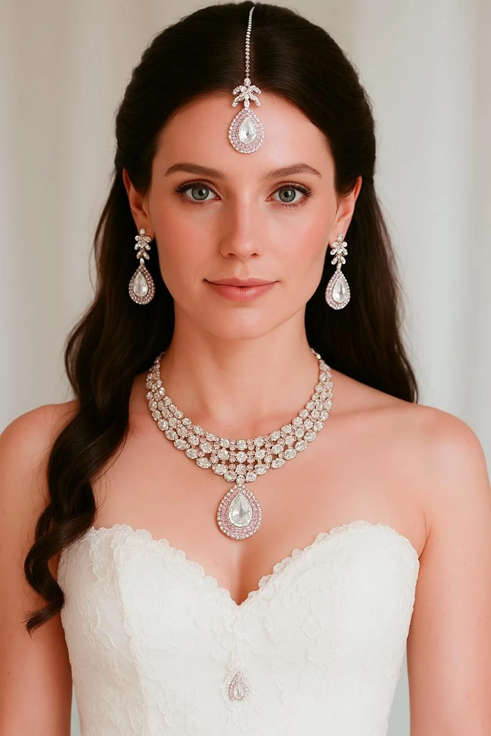 ست گردنبند جواهرات طرح هندی تاچ استون، کار شده با ظرافت، نگین های درخشان سفید و رنگی، مناسب عروسی، با طراحی طلایی و نقره ای برای بانوان ست گردنبند جواهرات طرح هندی تاچ استون، کار شده با ظرافت، نگین های درخشان سفید و رنگی، مناسب عروسی، با طراحی طلایی و نقره ای برای بانوان