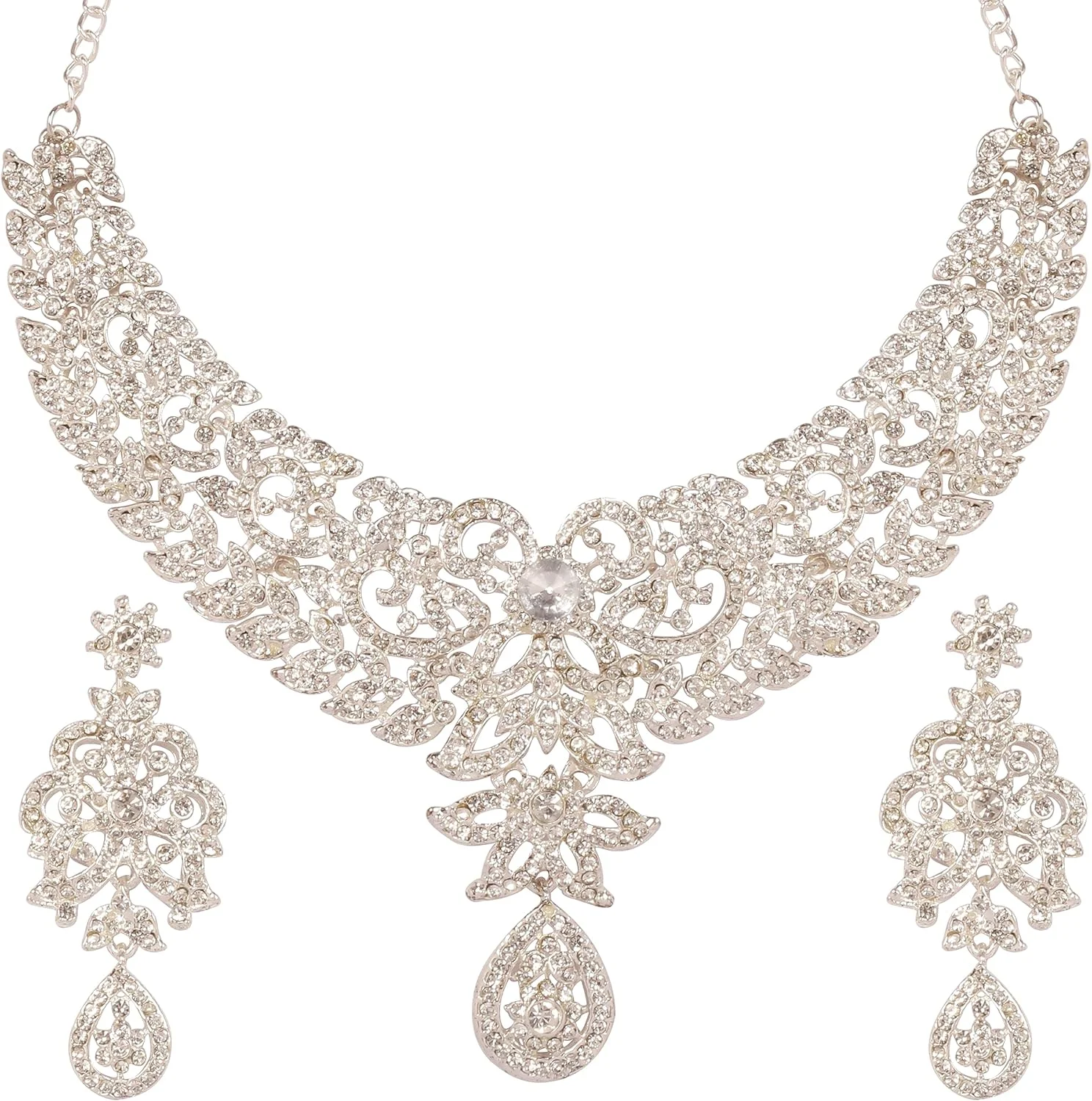 تاچ استون، ست گردنبند مجلسی طرح الماس و نگین، طرحی شیک و خاص، مناسب عروس، زیورآلات زنانه، رنگ نقره ای تاچ استون، ست گردنبند مجلسی طرح الماس و نگین، طرحی شیک و خاص، مناسب عروس، زیورآلات زنانه، رنگ نقره ای