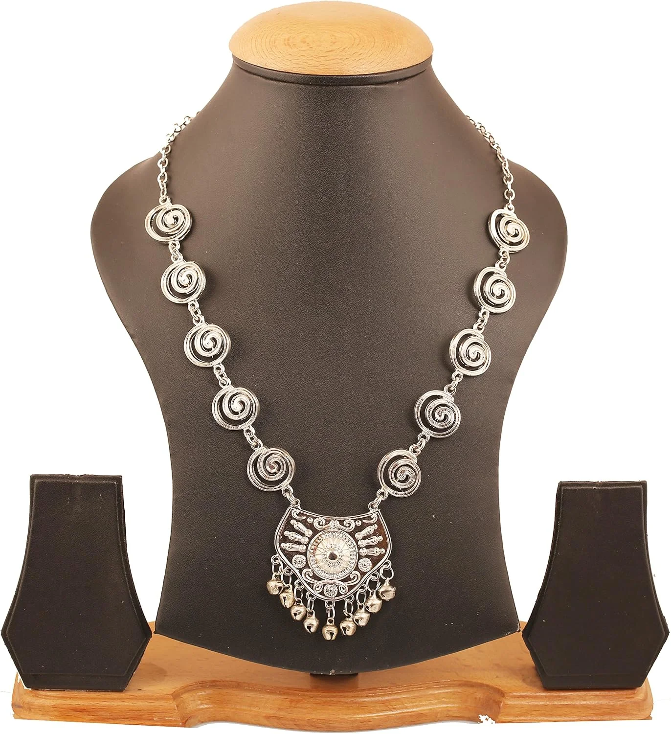 ست گردنبند زنانه تاچ استون، طراحی الهام گرفته از جواهرات هندی بالیوود، طرح بوهمی و قبیله‌ای، با نقوش زیبا و برش دستی، رنگ نقره‌ای اکسید شده