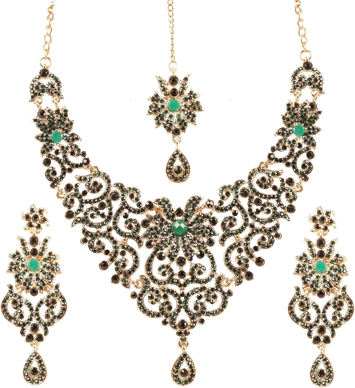 ست گردنبند مجلسی زنانه تاچ استون با نگین های درخشان، طرح هندی سلطنتی هالیوودی، رنگ طلایی ست گردنبند مجلسی زنانه تاچ استون با نگین های درخشان، طرح هندی سلطنتی هالیوودی، رنگ طلایی