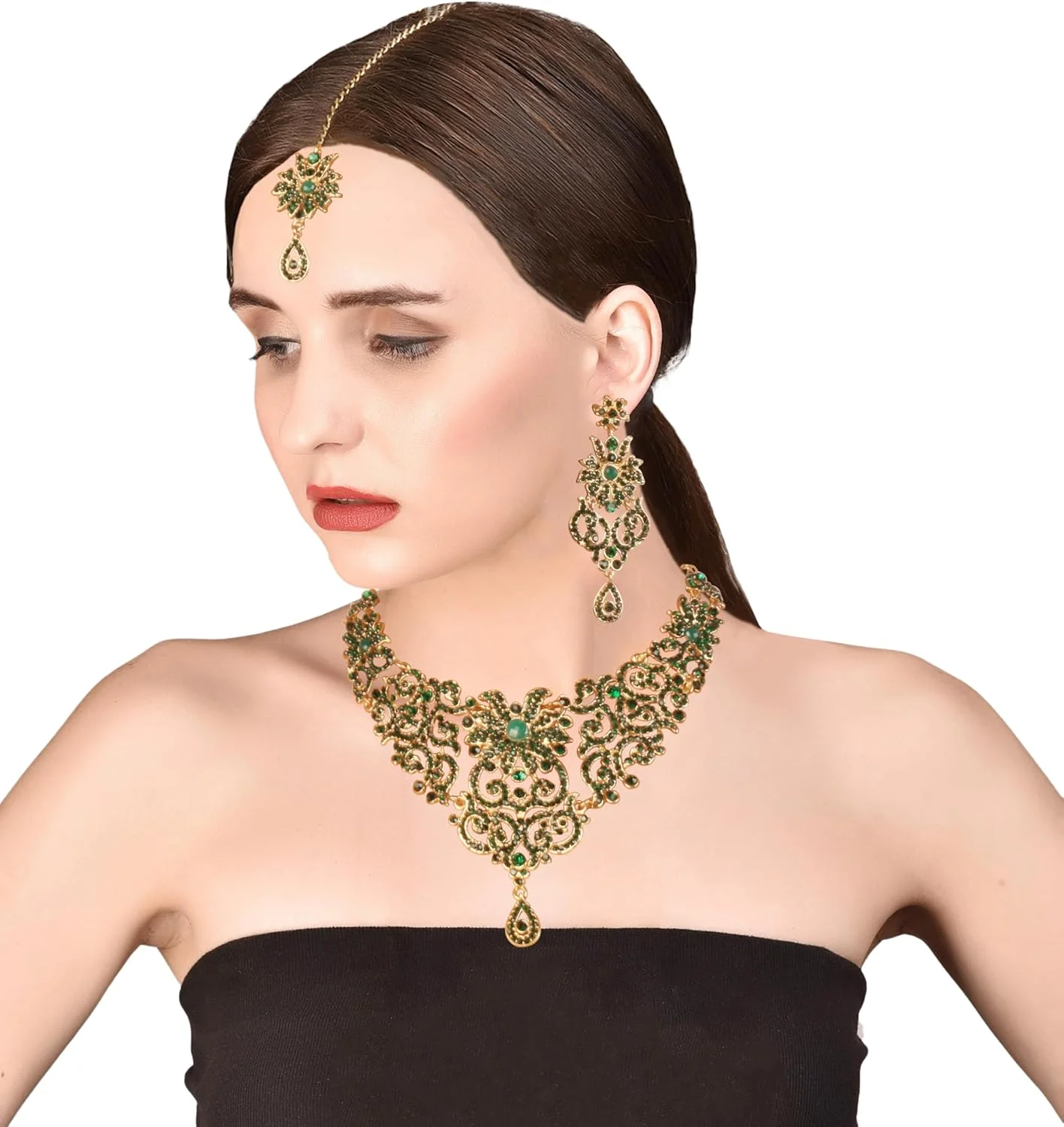 ست گردنبند مجلسی زنانه تاچ استون با نگین های درخشان، طرح هندی سلطنتی هالیوودی، رنگ طلایی ست گردنبند مجلسی زنانه تاچ استون با نگین های درخشان، طرح هندی سلطنتی هالیوودی، رنگ طلایی