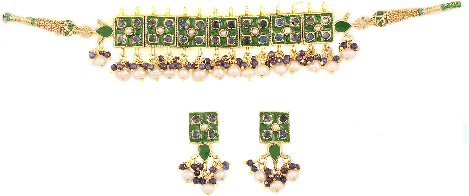 ست گردنبند چوکر مجلسی زنانه با طراحی نفیس، نگین های رنگارنگ و طرح های طلایی و نقره ای ست گردنبند چوکر مجلسی زنانه با طراحی نفیس، نگین های رنگارنگ و طرح های طلایی و نقره ای