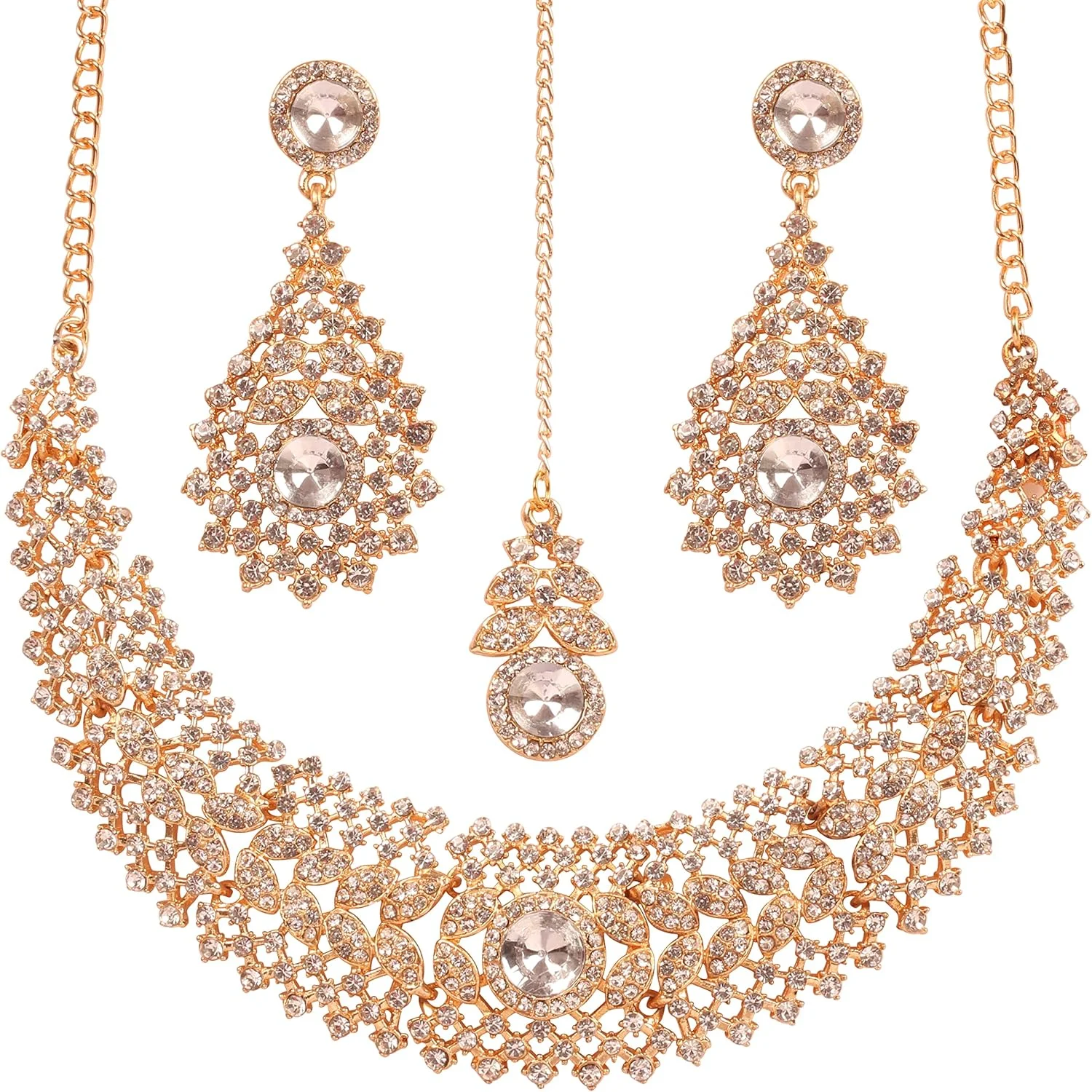 ست جواهرات هندی تاچ استون زنانه شامل گردنبند مجلسی عروس نگین دار، گوشواره عروس، مناسب مراسم رسمی، طرح یقه، نگین های ترندی دسی، مانگ تیکا، فشن، در رنگ های طلایی یا نقره ای ست جواهرات هندی تاچ استون زنانه شامل گردنبند مجلسی عروس نگین دار، گوشواره عروس، مناسب مراسم رسمی، طرح یقه، نگین های ترندی دسی، مانگ تیکا، فشن، در رنگ های طلایی یا نقره ای