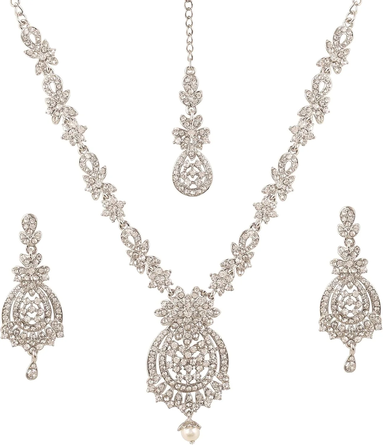 ست گردنبند زنانه طرح الماس، نگین دار، نقره ای ست گردنبند زنانه طرح الماس، نگین دار، نقره ای
