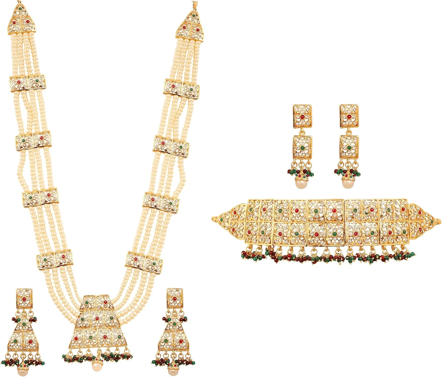 تاچ استون "مجموعه Mughal Jali" گردنبند و چوکر عروسی رانی هار با مروارید مصنوعی/یاقوت قرمز با رنگ طلایی برای زنان تاچ استون "مجموعه Mughal Jali" گردنبند و چوکر عروسی رانی هار با مروارید مصنوعی/یاقوت قرمز با رنگ طلایی برای زنان