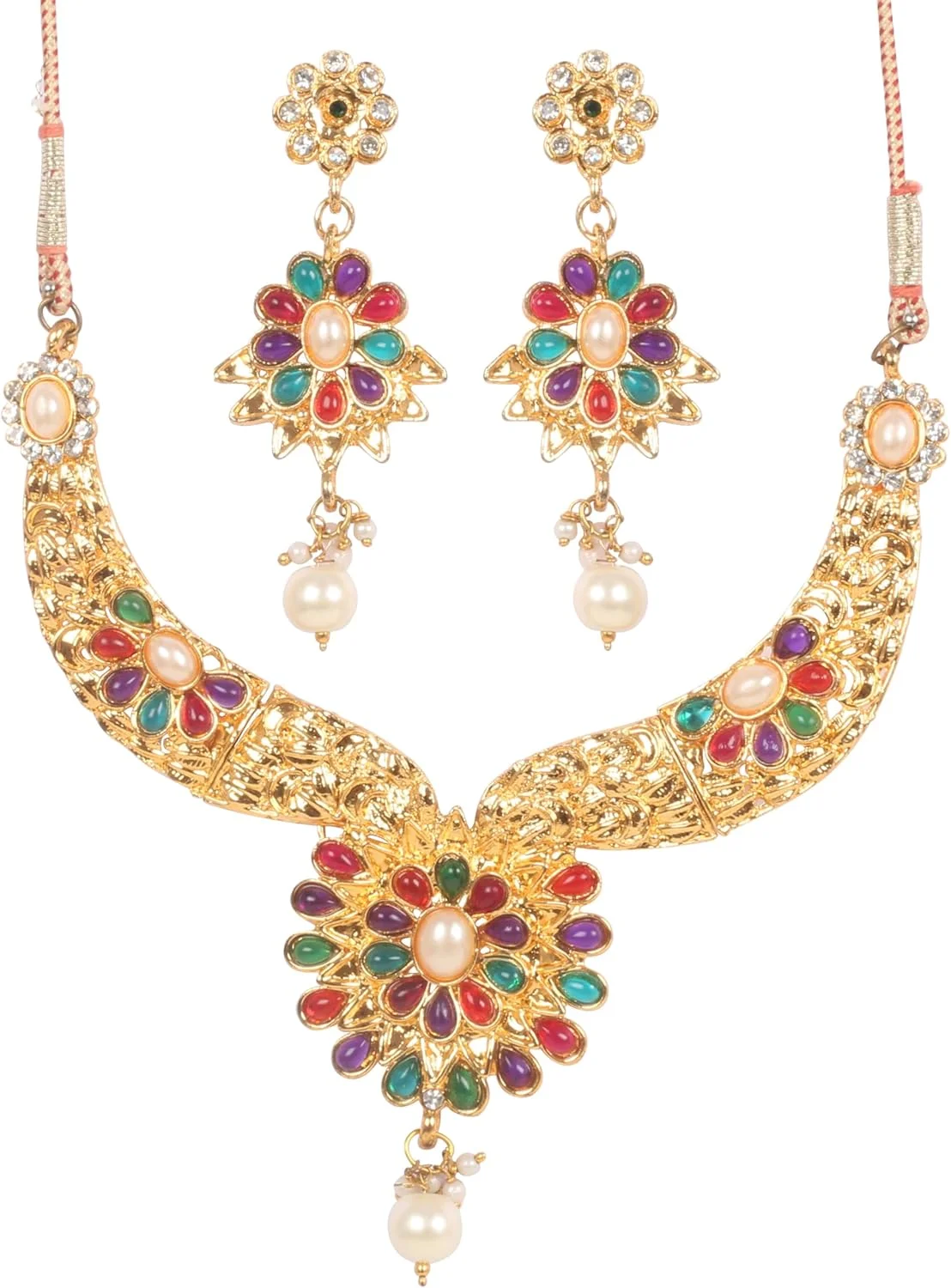 تاچ استون، ست گردنبند مجلسی زنانه با طرح گل و نگین های رنگارنگ، مناسب عروسی و مهمانی، با روکش طلایی تاچ استون، ست گردنبند مجلسی زنانه با طرح گل و نگین های رنگارنگ، مناسب عروسی و مهمانی، با روکش طلایی