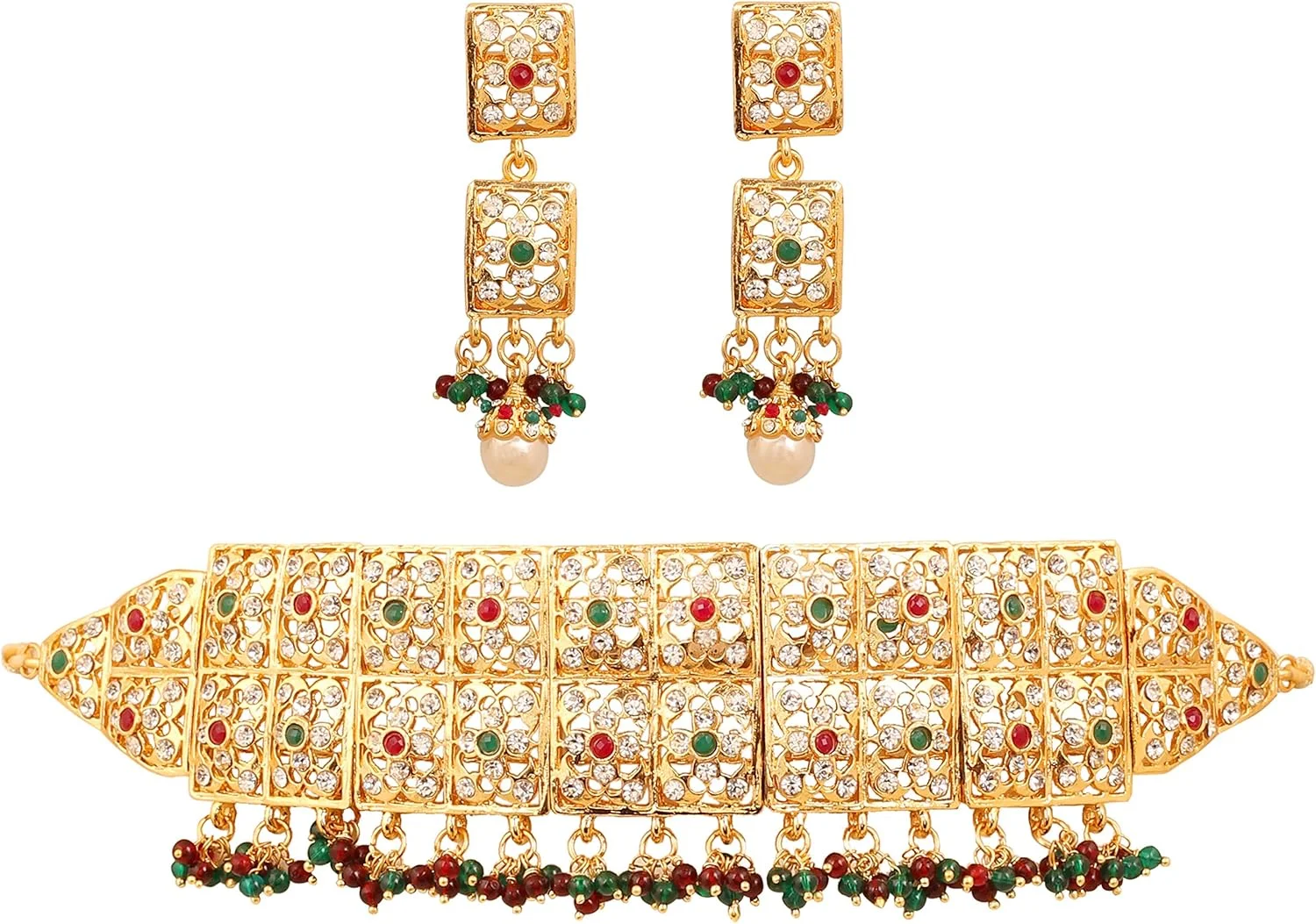 تاچ استون "مجموعه Mughal Jali" گردنبند و چوکر عروسی رانی هار با مروارید مصنوعی/یاقوت قرمز با رنگ طلایی برای زنان تاچ استون "مجموعه Mughal Jali" گردنبند و چوکر عروسی رانی هار با مروارید مصنوعی/یاقوت قرمز با رنگ طلایی برای زنان